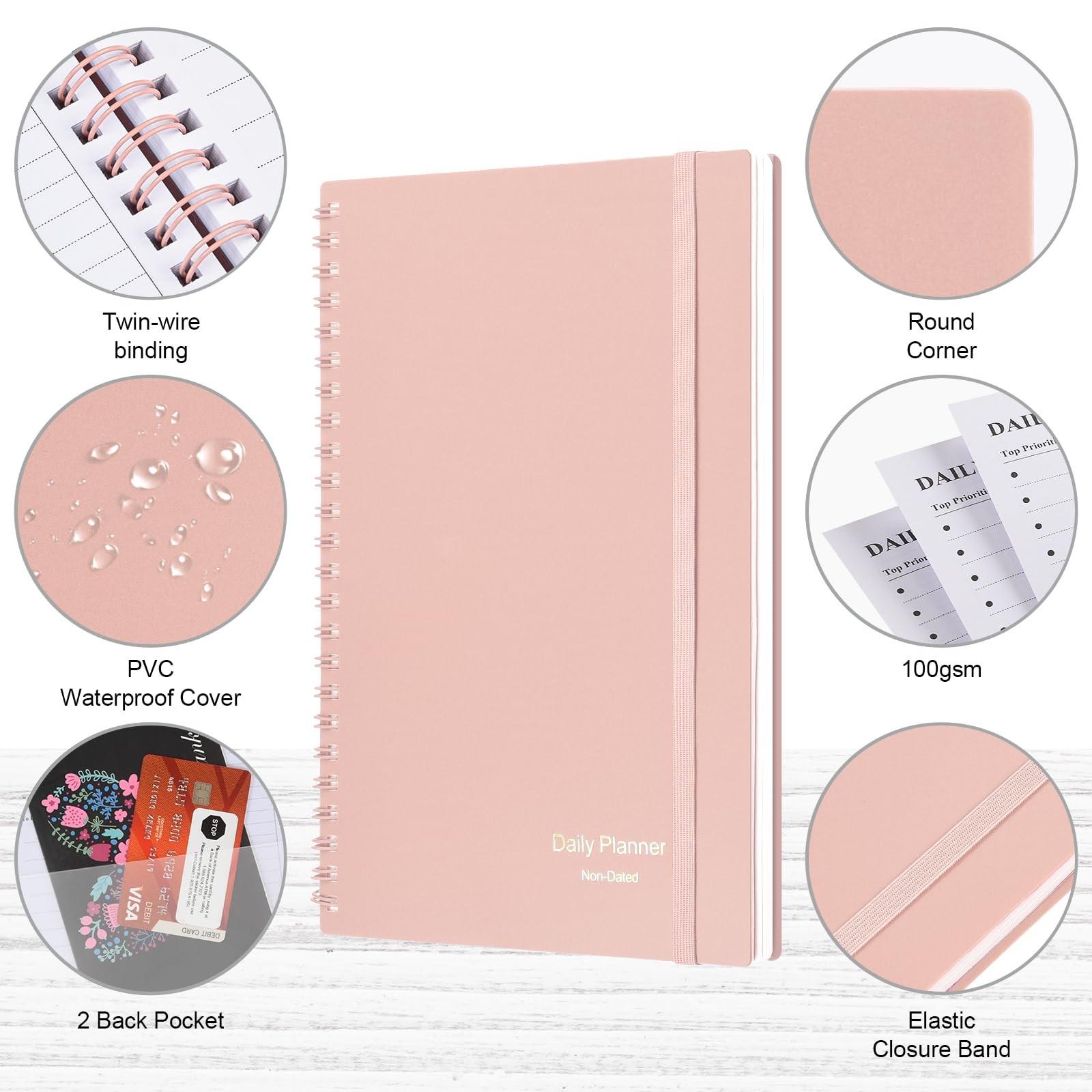 Asten Daily Undated Planner – To Do List Notebook With Hourly A5, Pale Pink