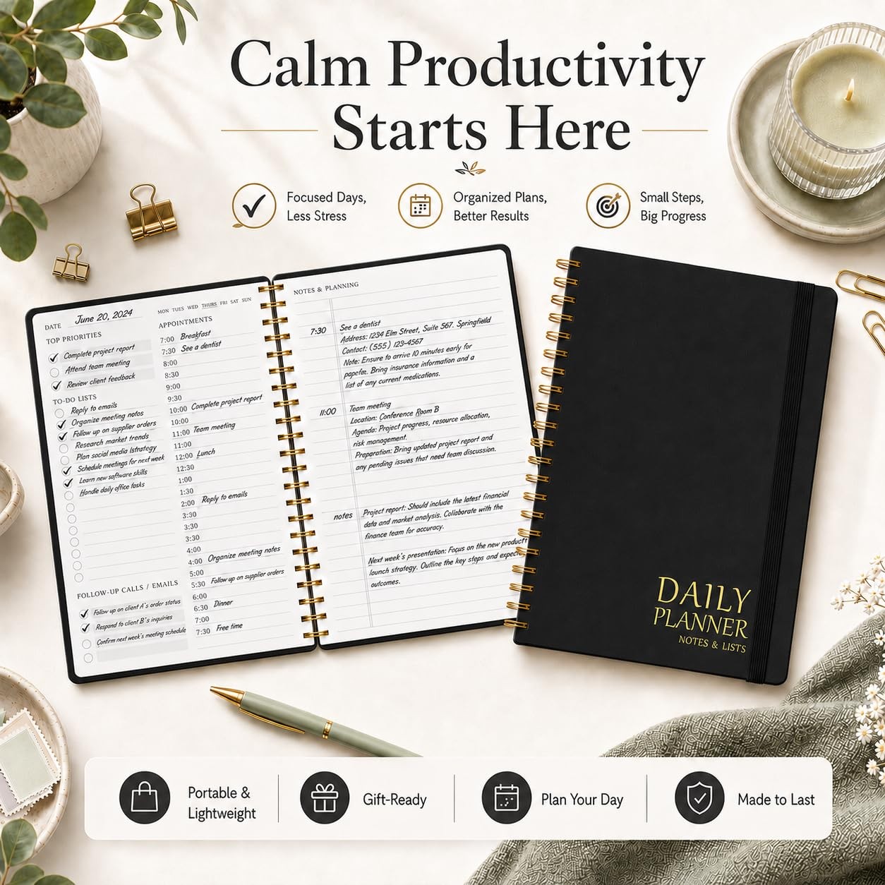 Daily Planner with Hourly Schedules – Undated To Do 5.5 x 8.5 inches, a.Black