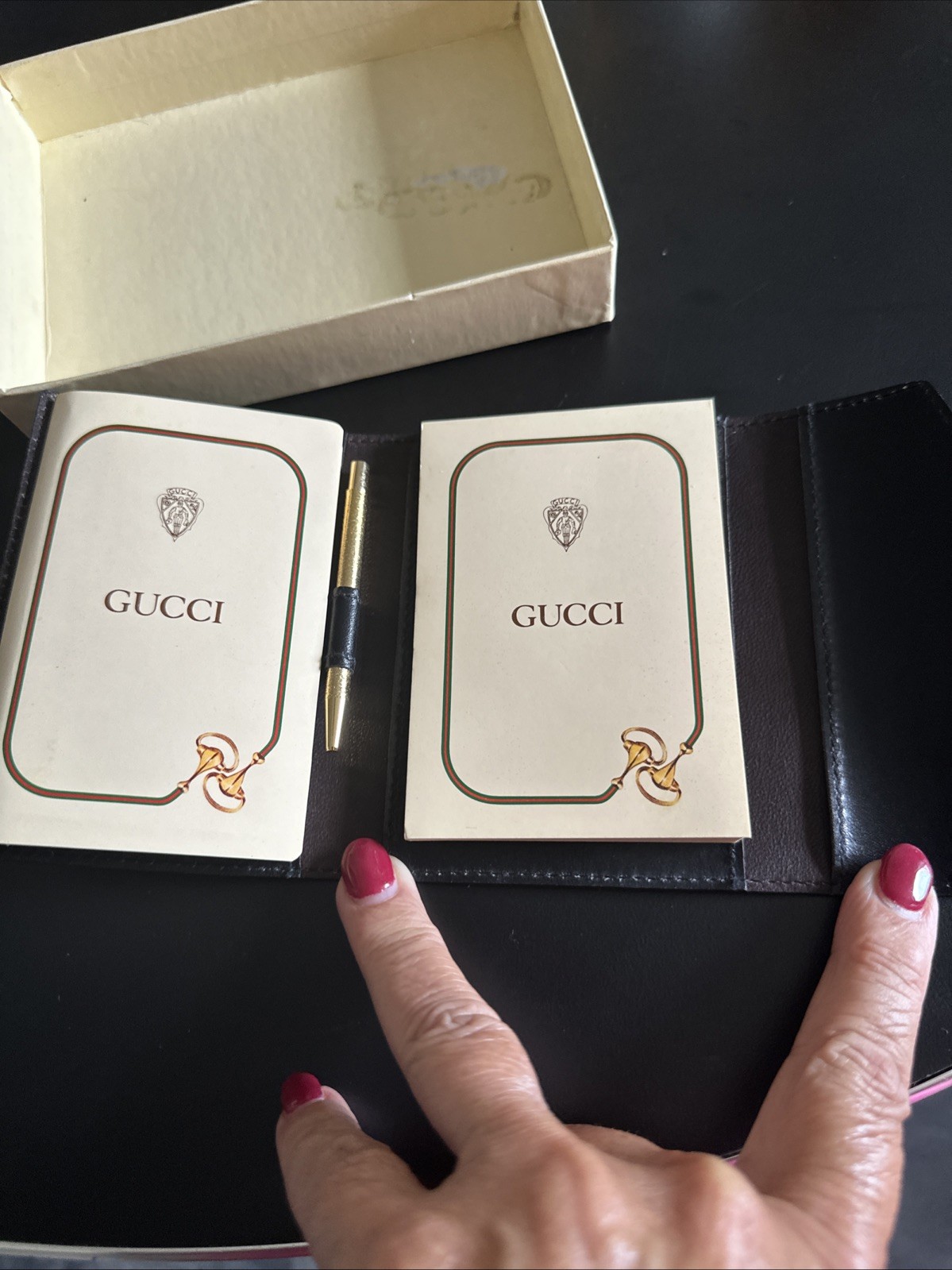 Vintage GUCCI Black Leather Pocket Diary Notebook Cover Set Pen Box Crest Rare