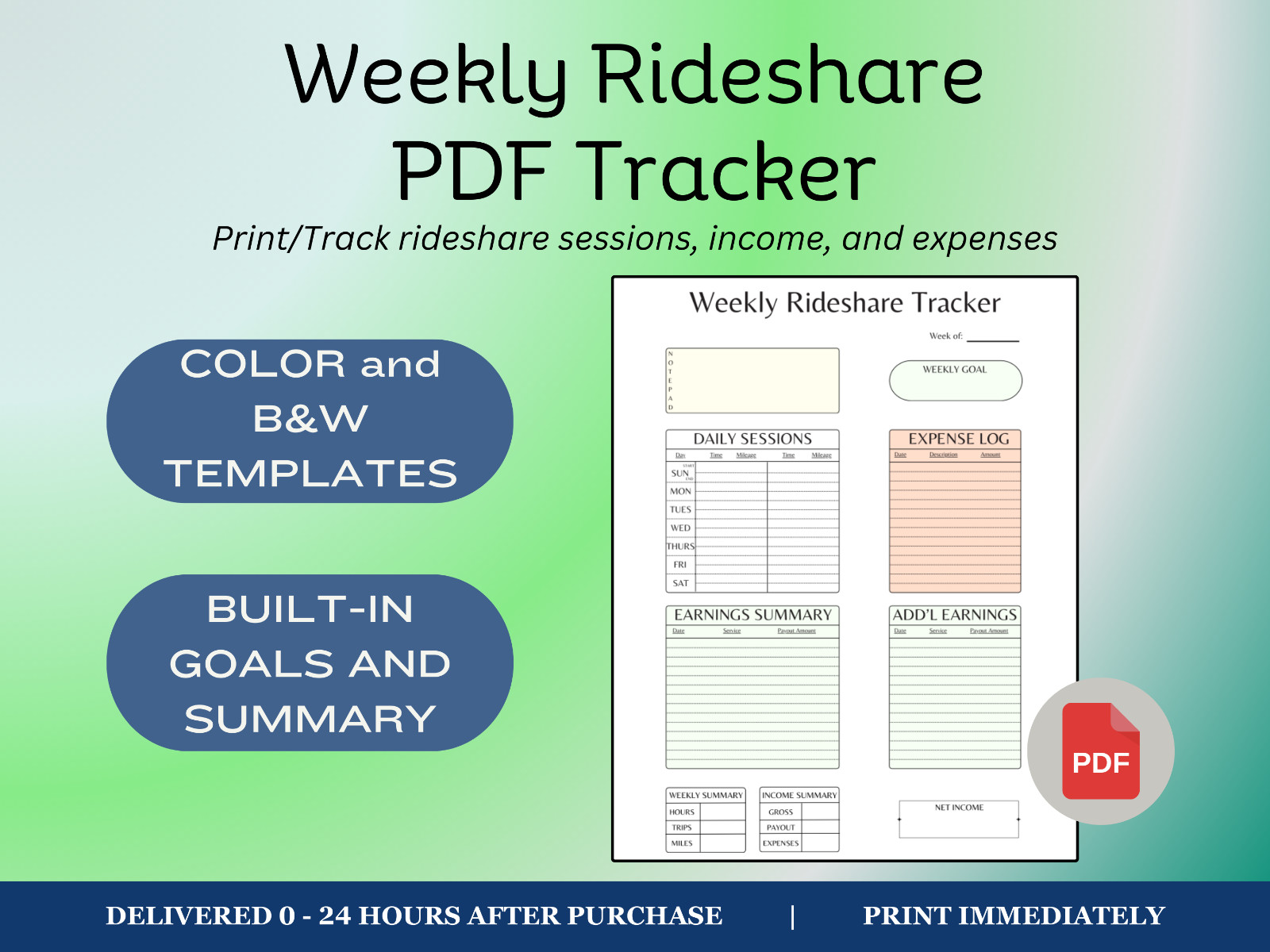Daily/Weekly Rideshare Income and Expense Tracker – Digital PDF Download