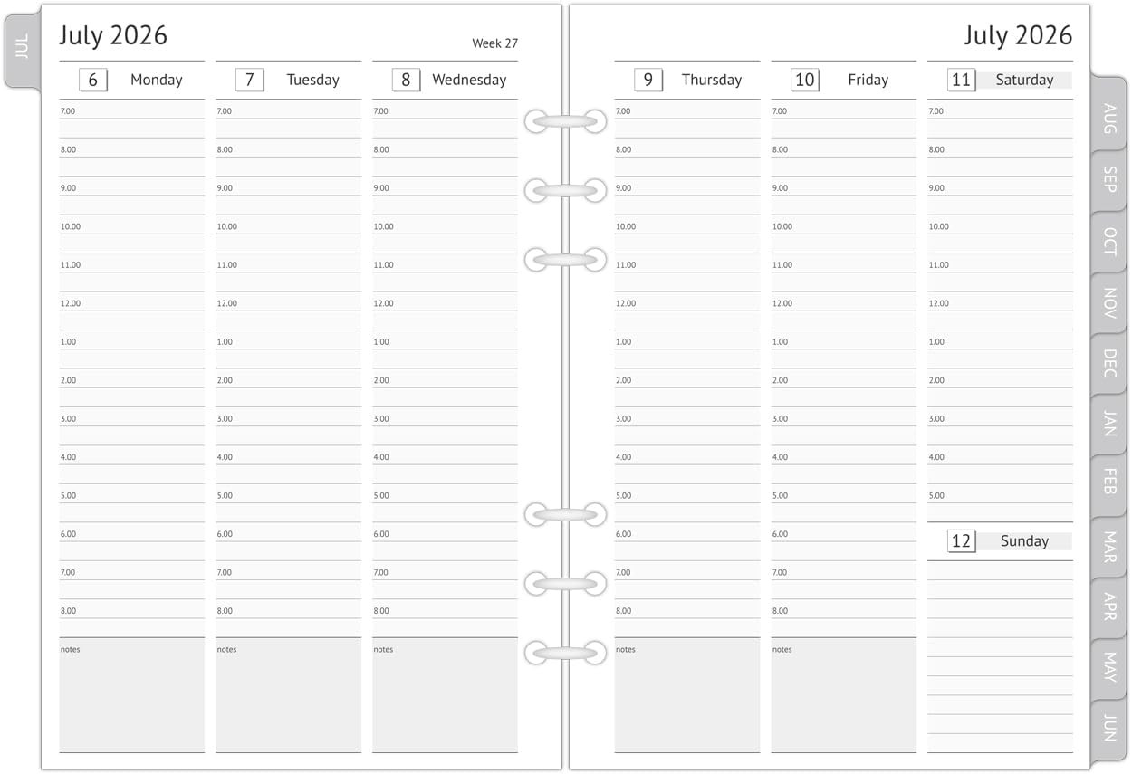 2026-2027 A5 Planner Inserts, Filofax A5 Compatible, Jul 2026 – Jun 2027, Weekly
