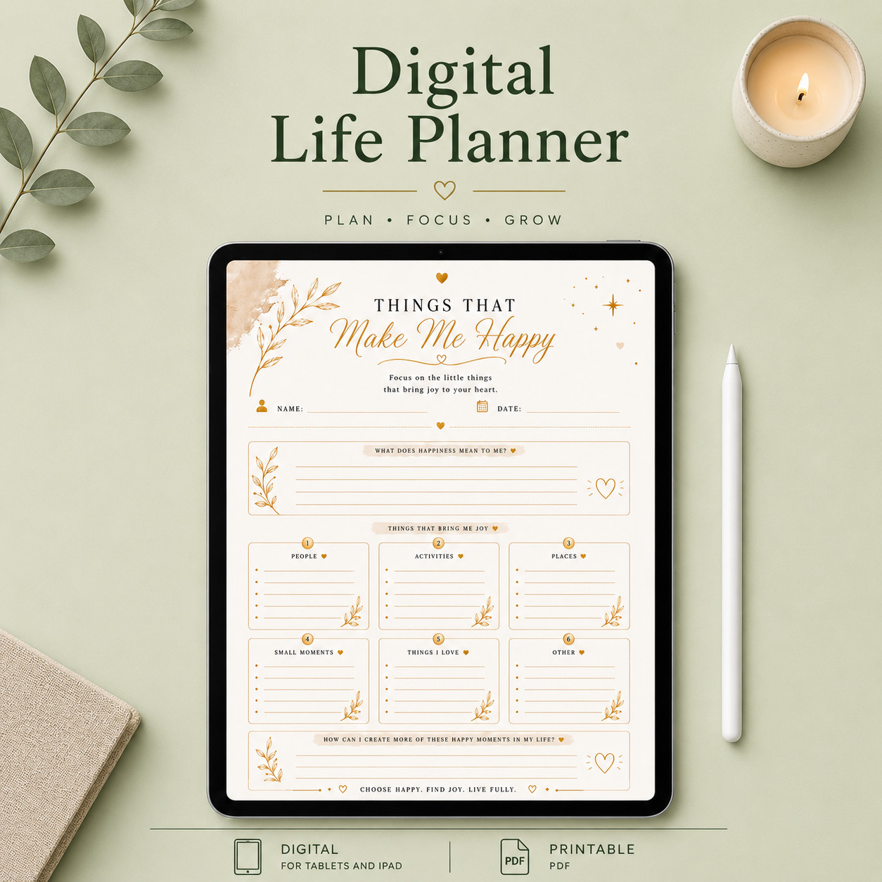 Digital Daily Planner PDF |Organizer Goal Planner | Printable | iPad | Tablet