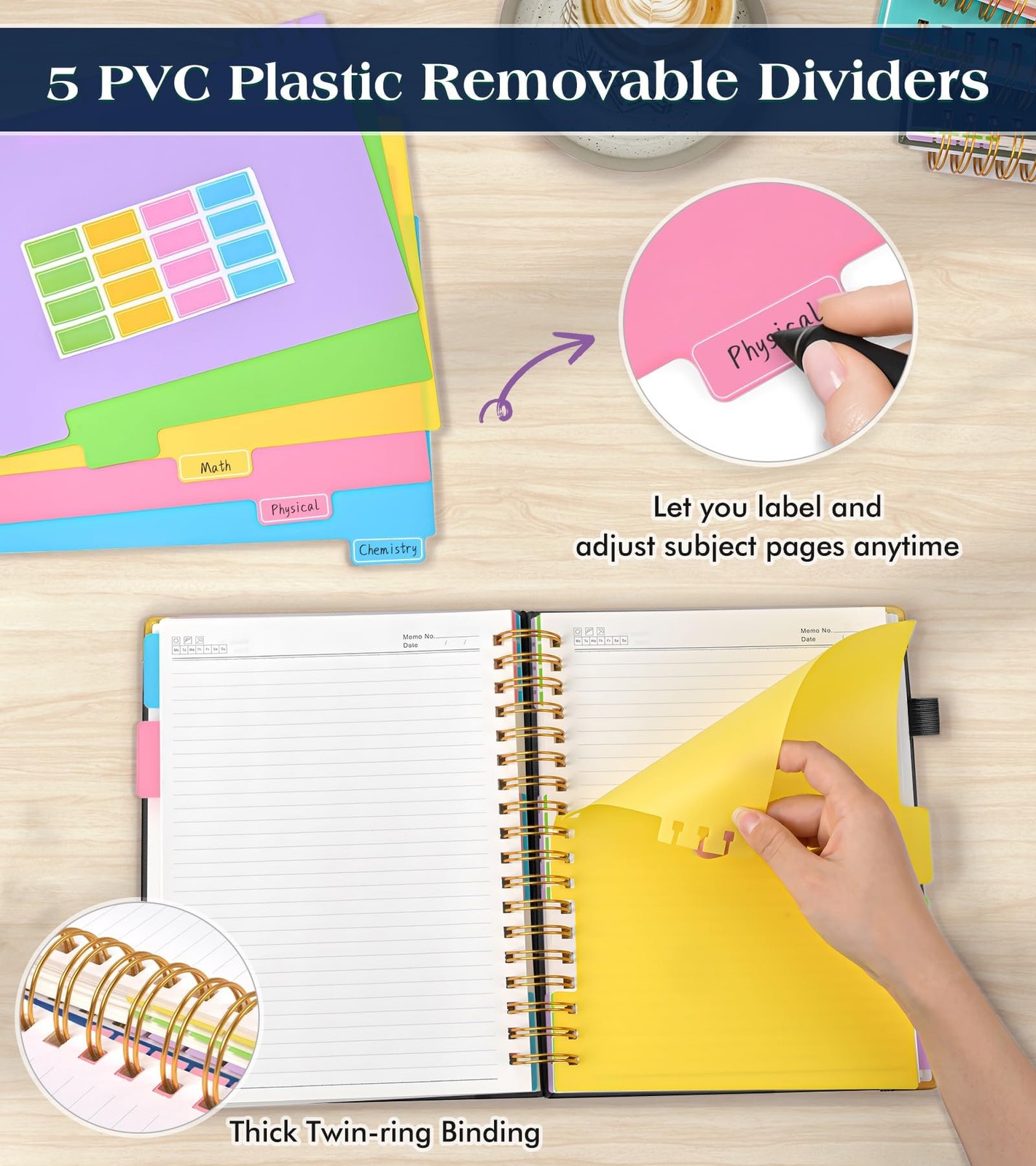Spiral Notebook Journal with Removable Dividers Tabs, 300 Pages Hardcover Lea…