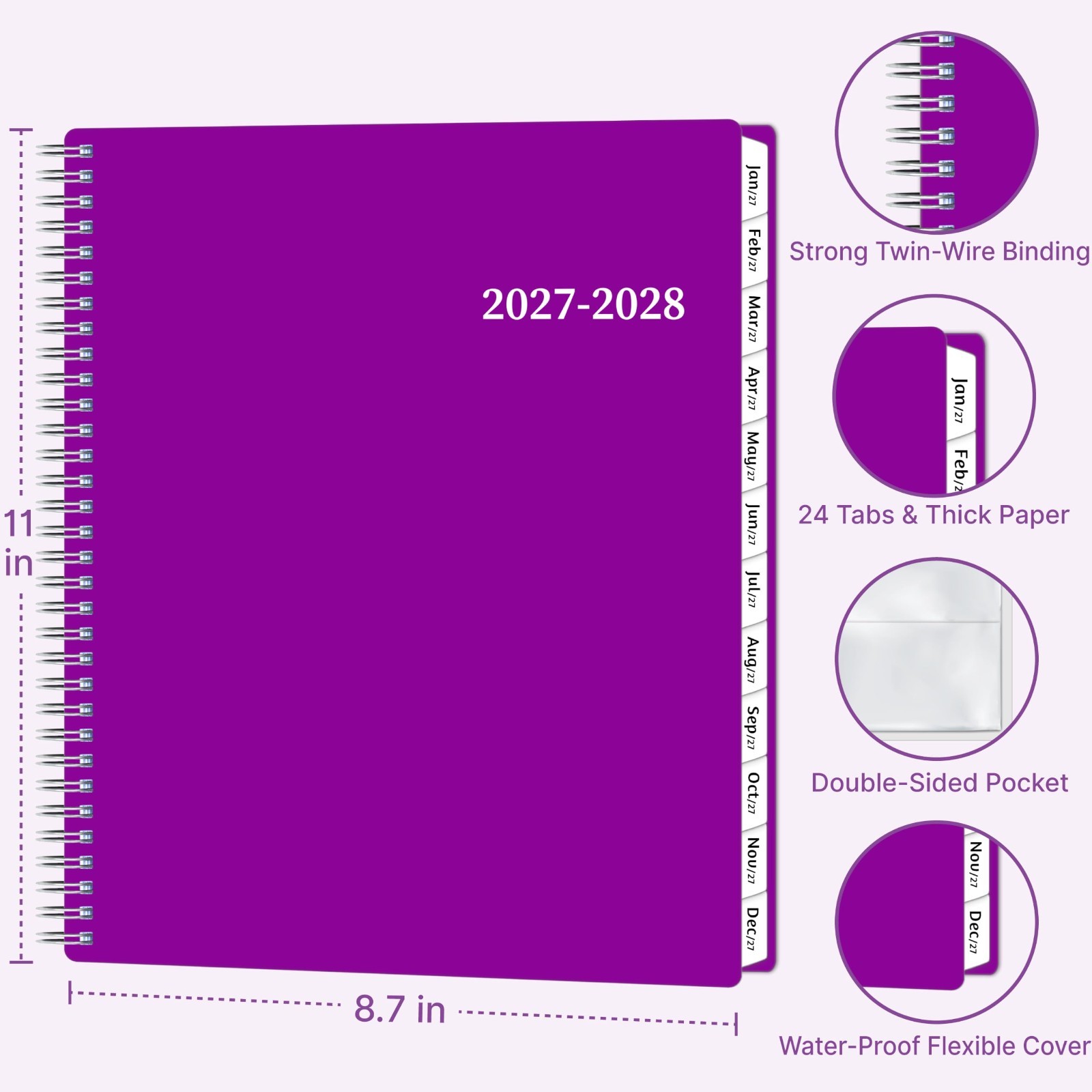 Large 2027-2028 Monthly Planner – 2 Year Calendar, Spiral Agenda, Tabs & Pocket,