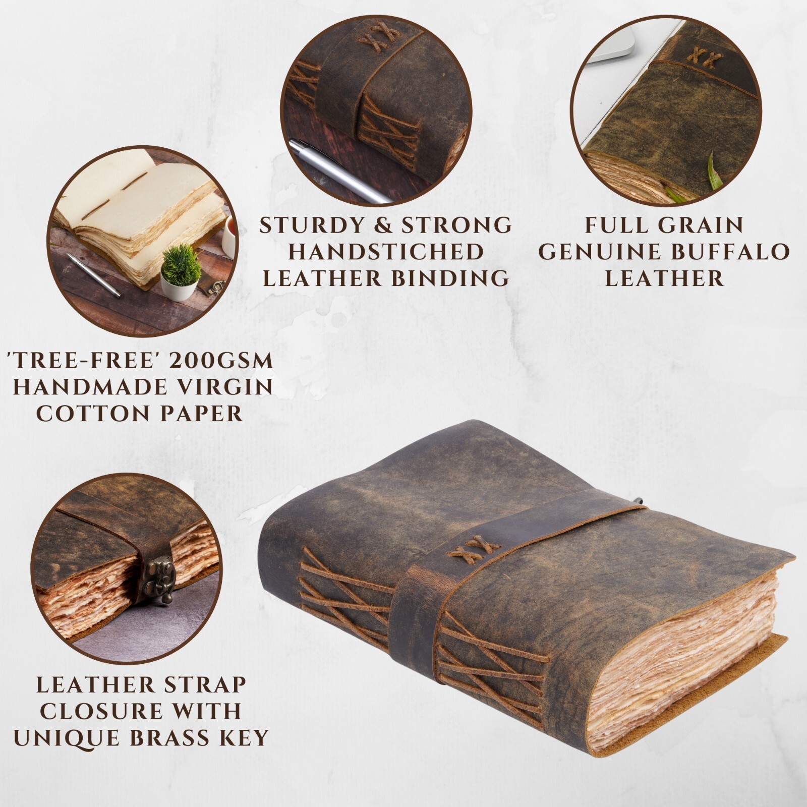 Leather Bound Journal with Antique Key Closure – Handmade Deckle Edges Paper