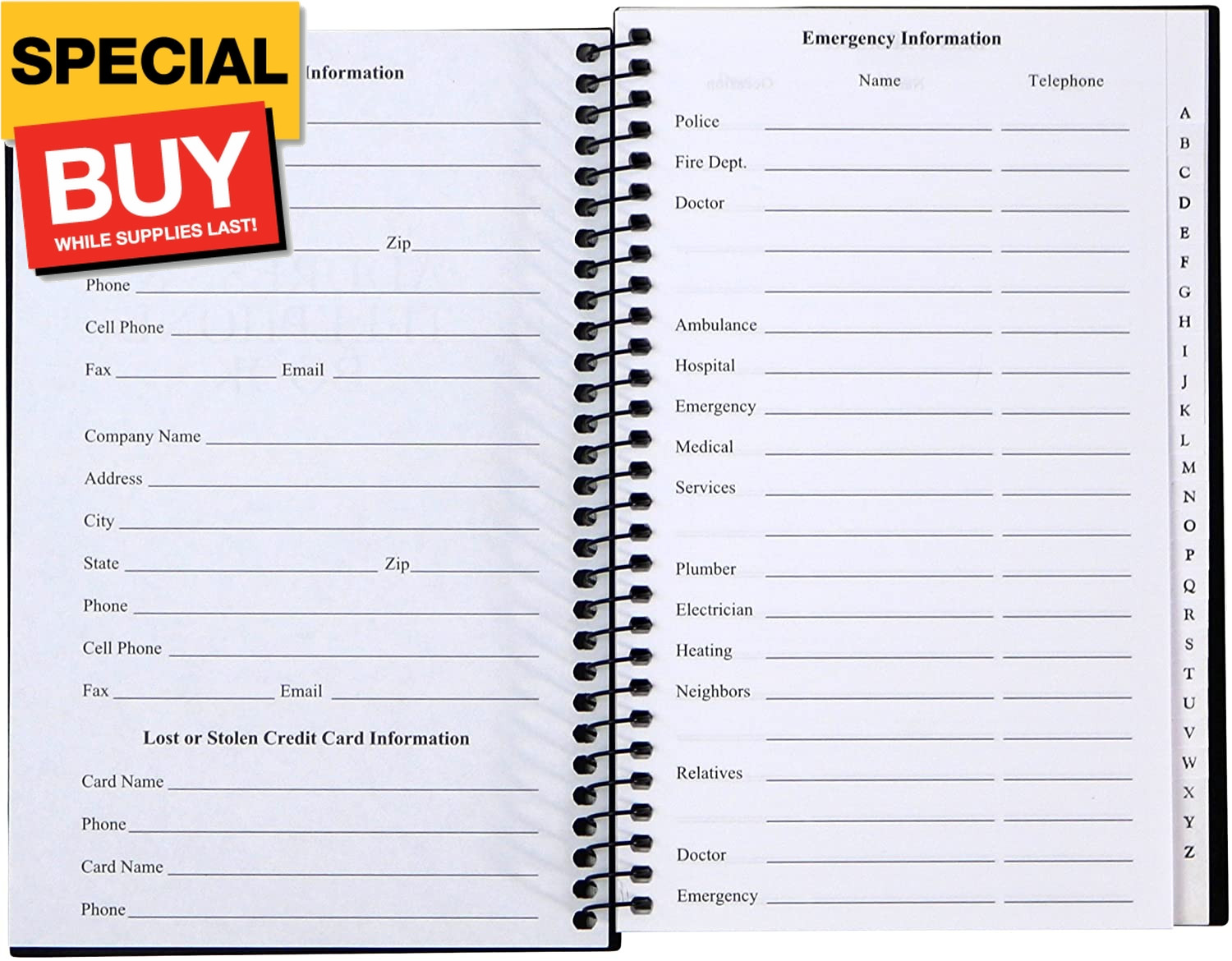 Address and Telephone Book, Black, 8 x 5 inches for Organizing Names, Addresses,