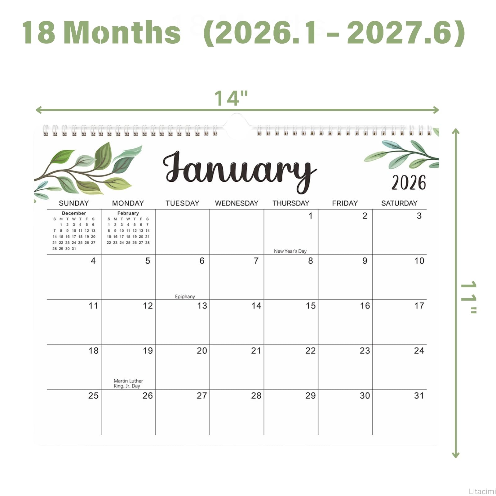 Wall Calendar 2026-2027, 18 Months for Wall, Twin-Wire Binding Green