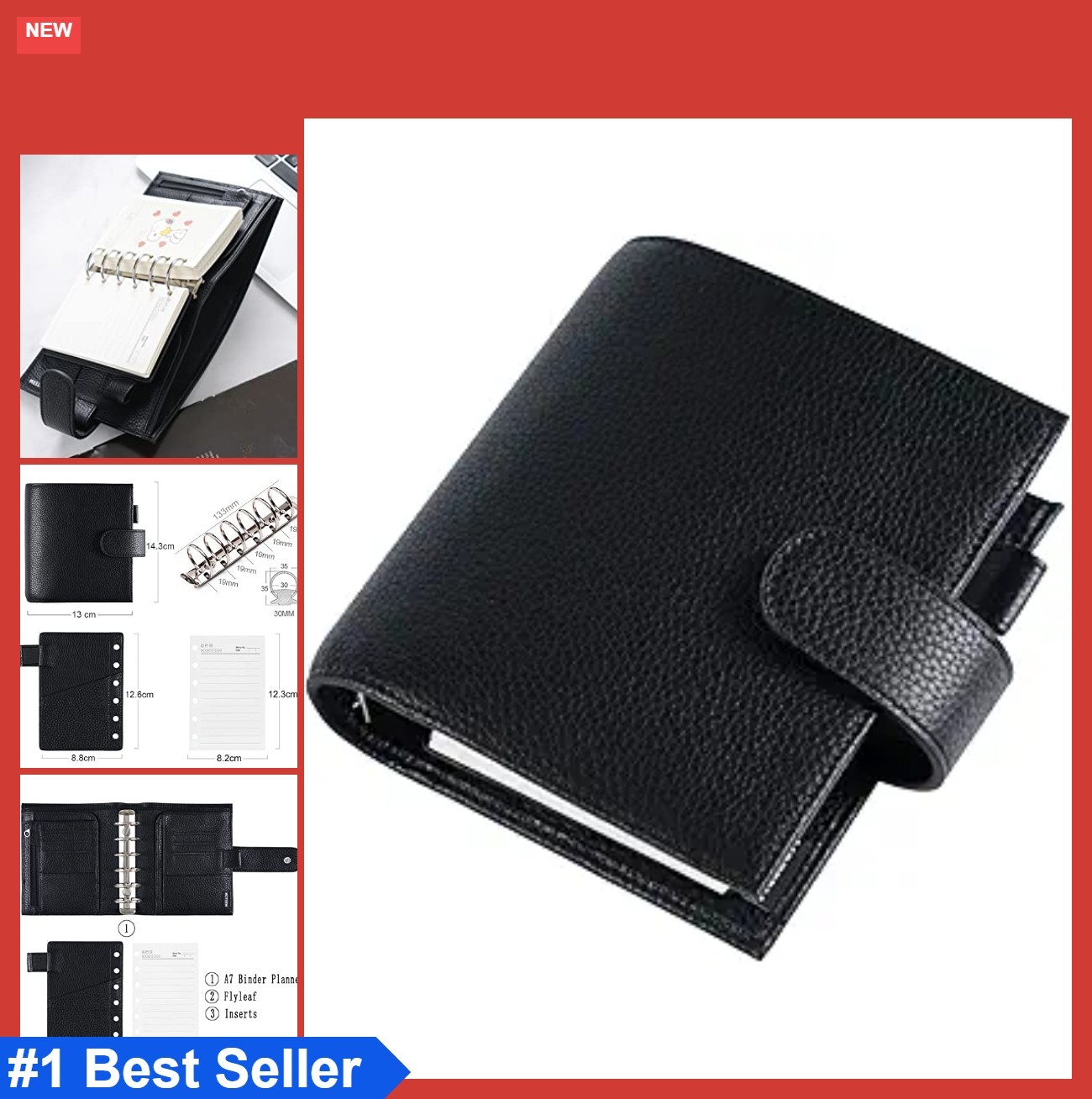 Genuine Leather Planner Binder Organizer 30mm Ring Pebble Black Refillable