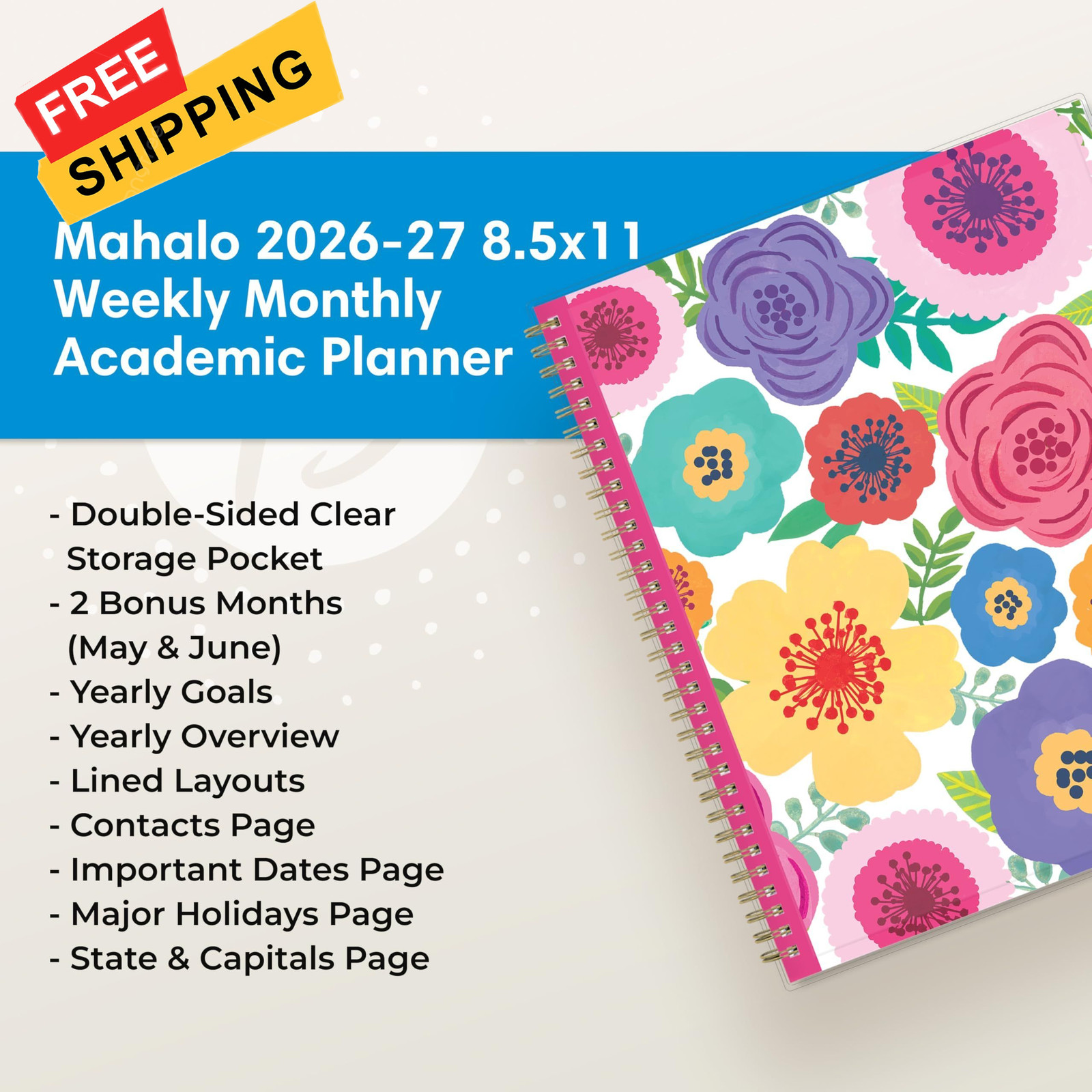 Blue Sky 2026-2027 Weekly and Monthly Academic 8.5″ x 11″, Mahalo- 2026/2027