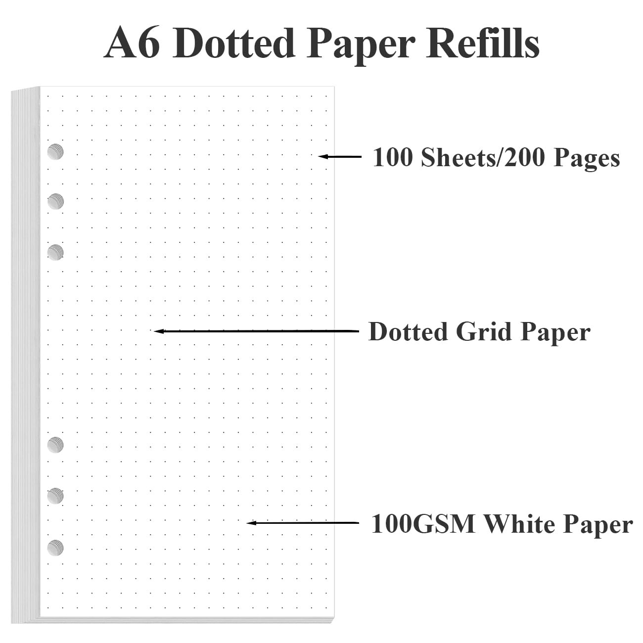 A6 Dotted Paper Refills Grid Dot 6 Holes Punched 100 Sheets 3.75″ x 6.75″