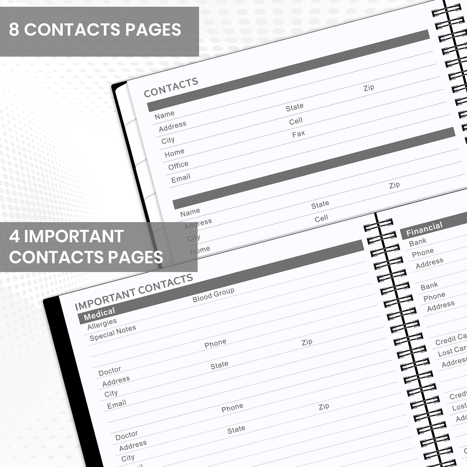 12 Month Planner 2026, Jan Dec Calendar With Tabs, Contacts, Black