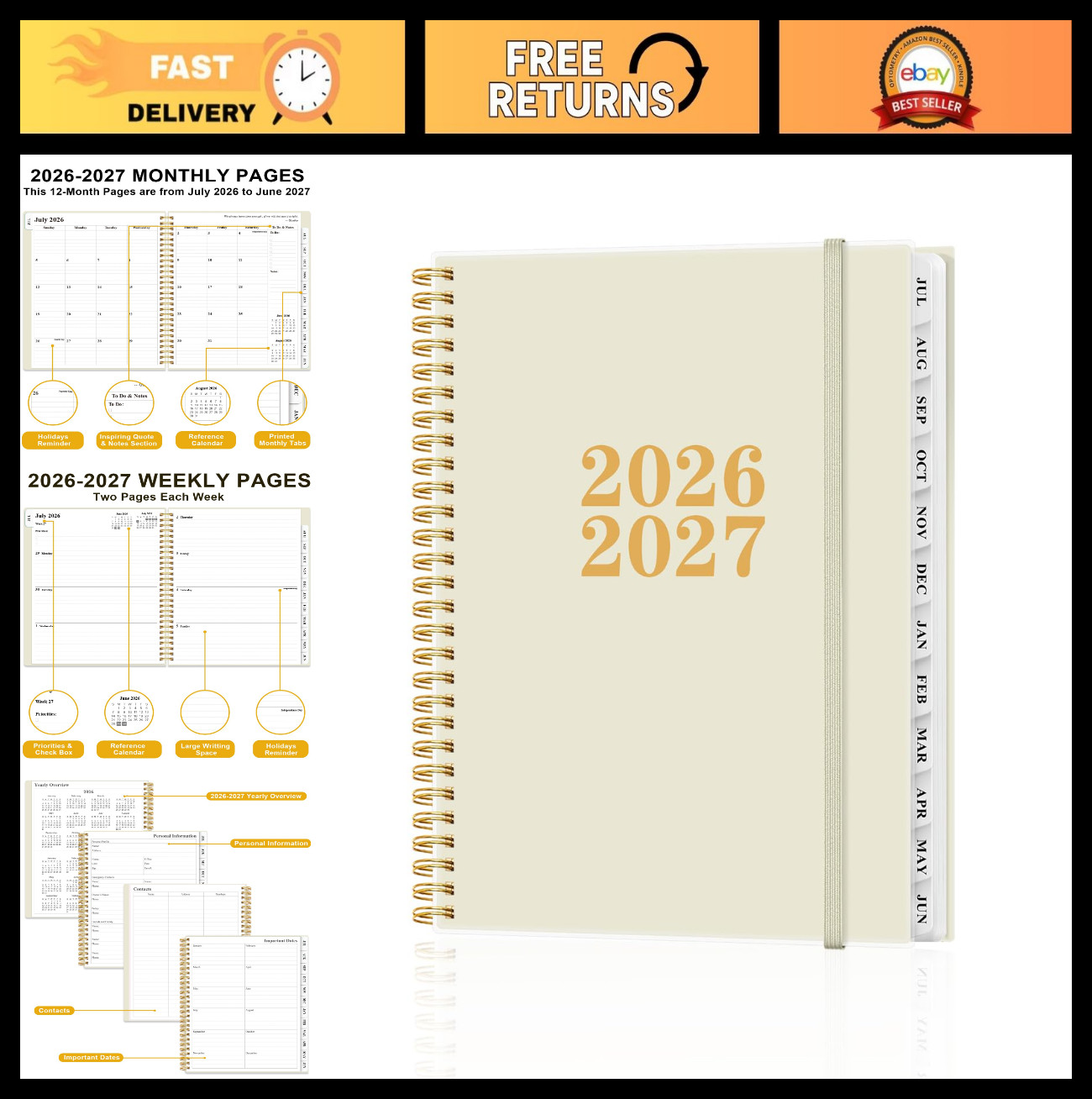 26-27 Academic Planner – Weekly & Monthly, 8.5×11, Green Floral, Spiral Binding,