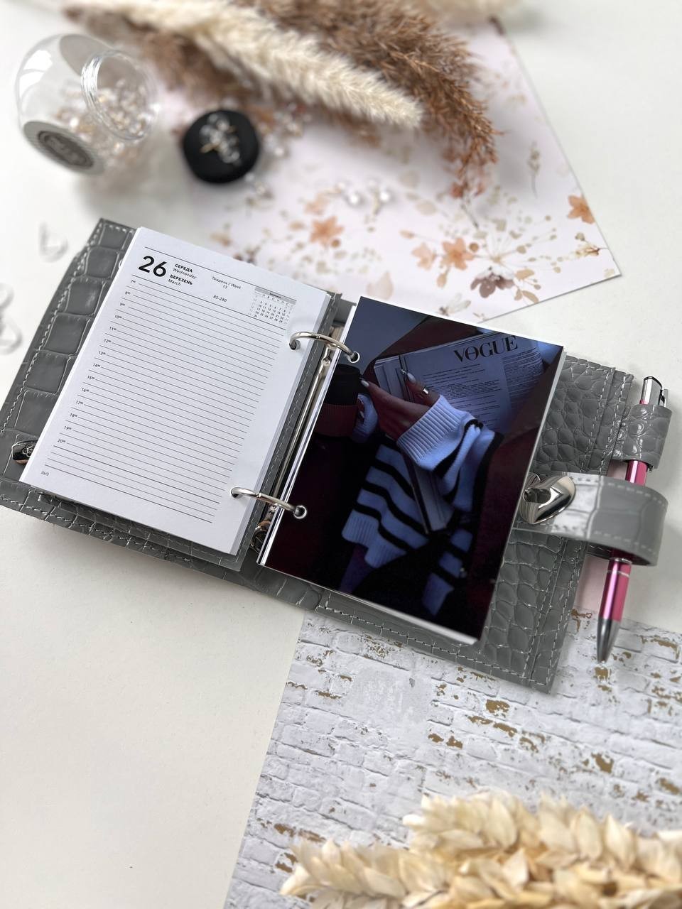 Grey leather notebook cover A7 6 rings mini wallet, dated 2026 planner.