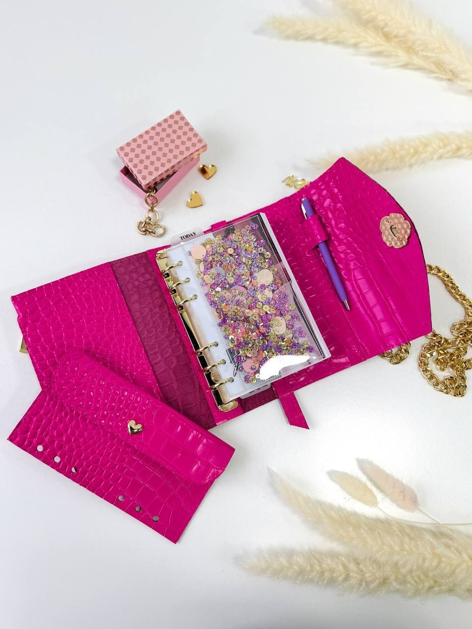 Pink A6 leather notebook cover-bag binder 6-Rings. Dated planner gift for her.