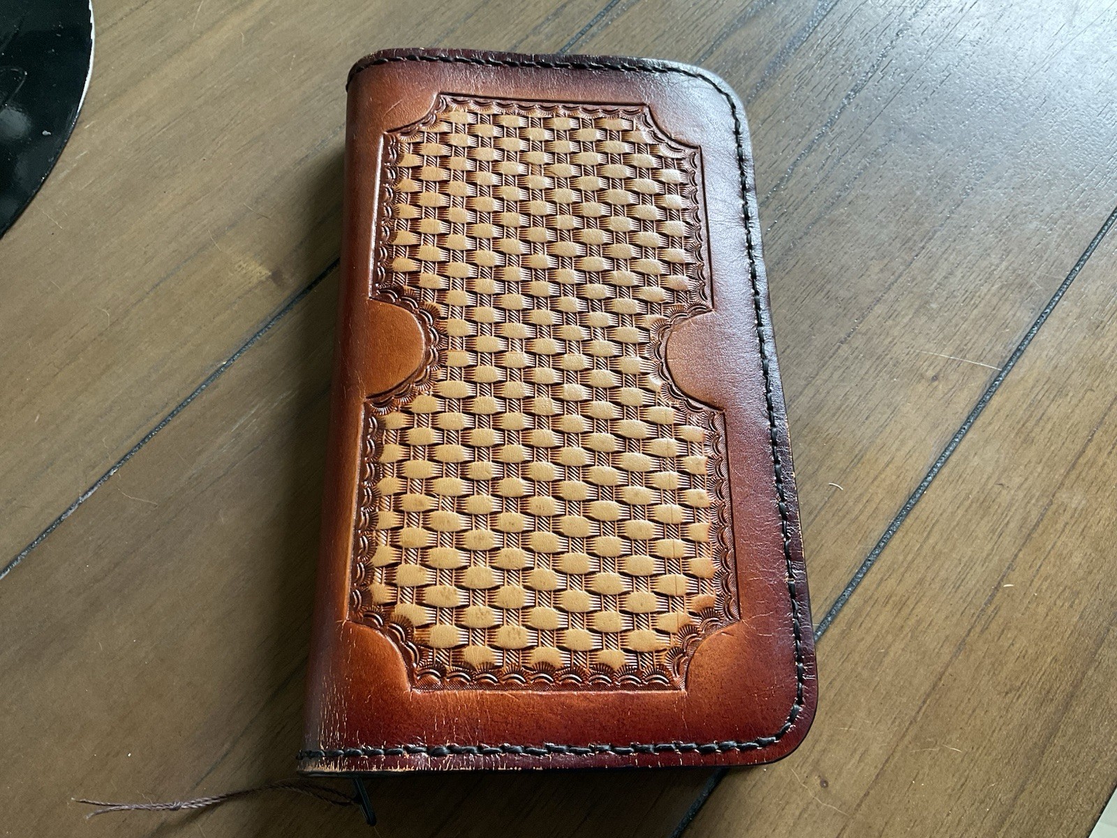 Vintage Stamped Basketweave Leather Reinforced Stitched Organizer Calendar Book