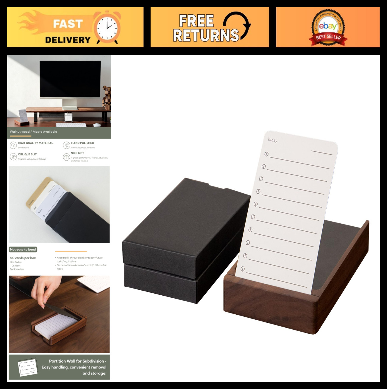 Daily To Do List Planner with Walnut Stand – 100 Undated Cards for Desk Producti