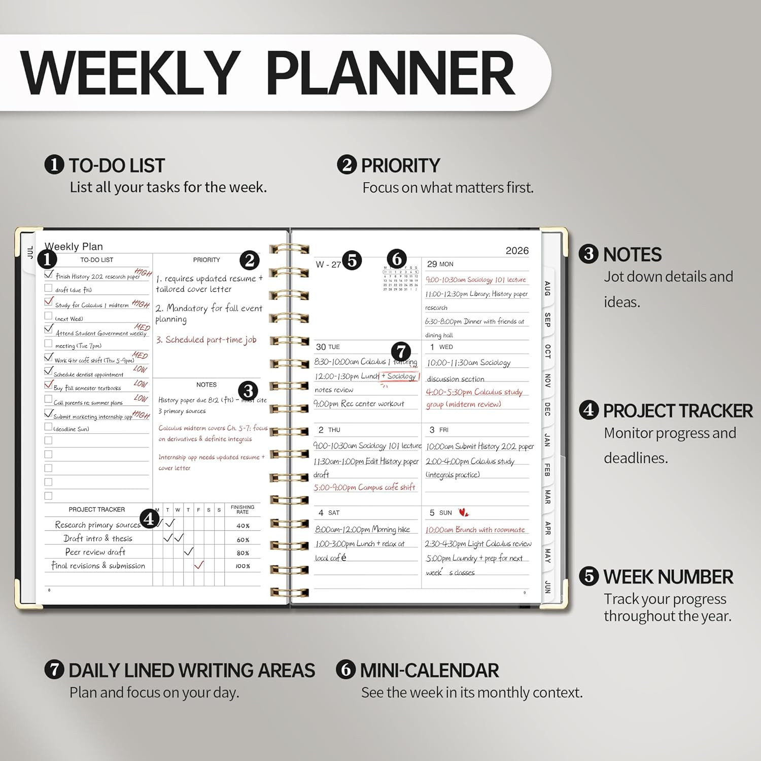 Academic Planner 2026-2027, Weekly and Monthly, A5 Size (5.7″ X 8.3″), July 2026