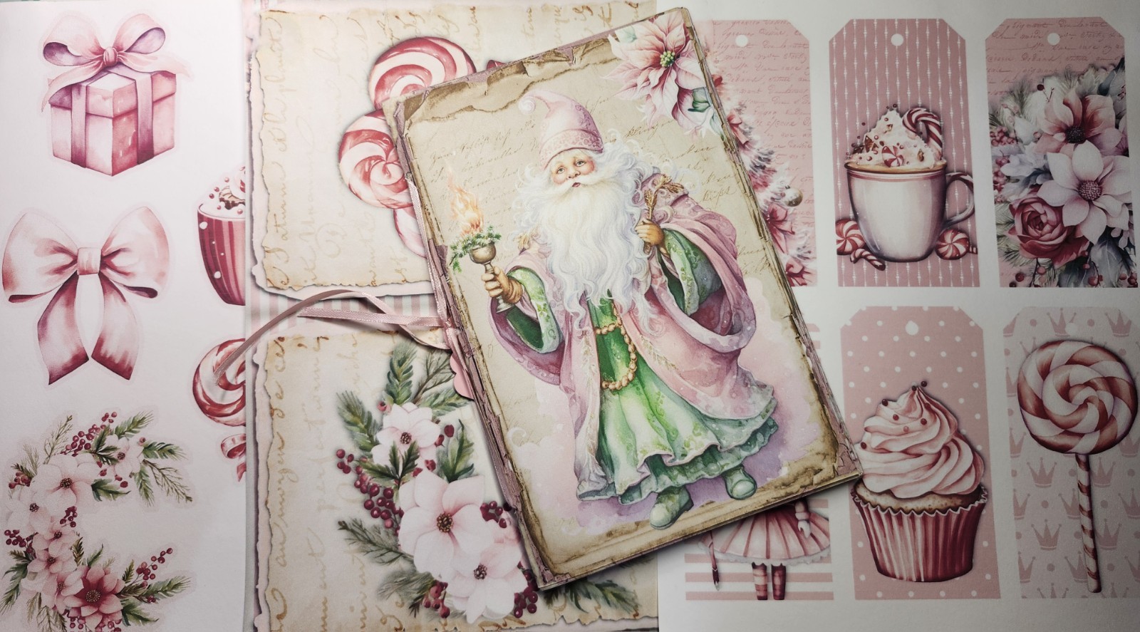 Junk Journal Booklet “PASTEL CHRISTMAS 2” Christmas Pink Holiday LG 9X6 40pgs