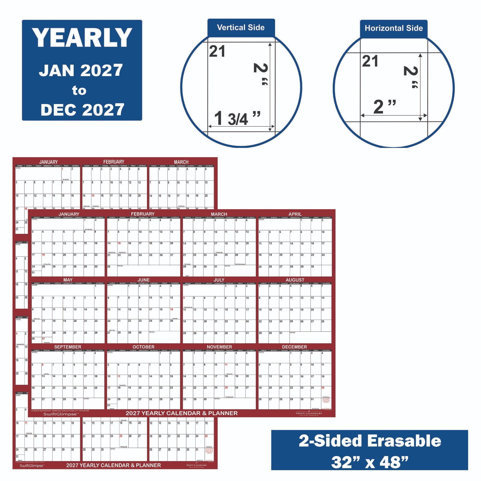 32″ x 48″ SwiftGlimpse 2024 Wall Calendar Erasable Yearly Wall Planner – Maroon