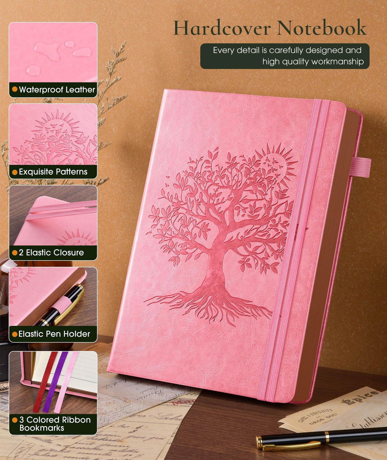 Vintage Leather Journal with 300 Numbered Pages,A4 A4 (8.5in X 11.3in), Pink