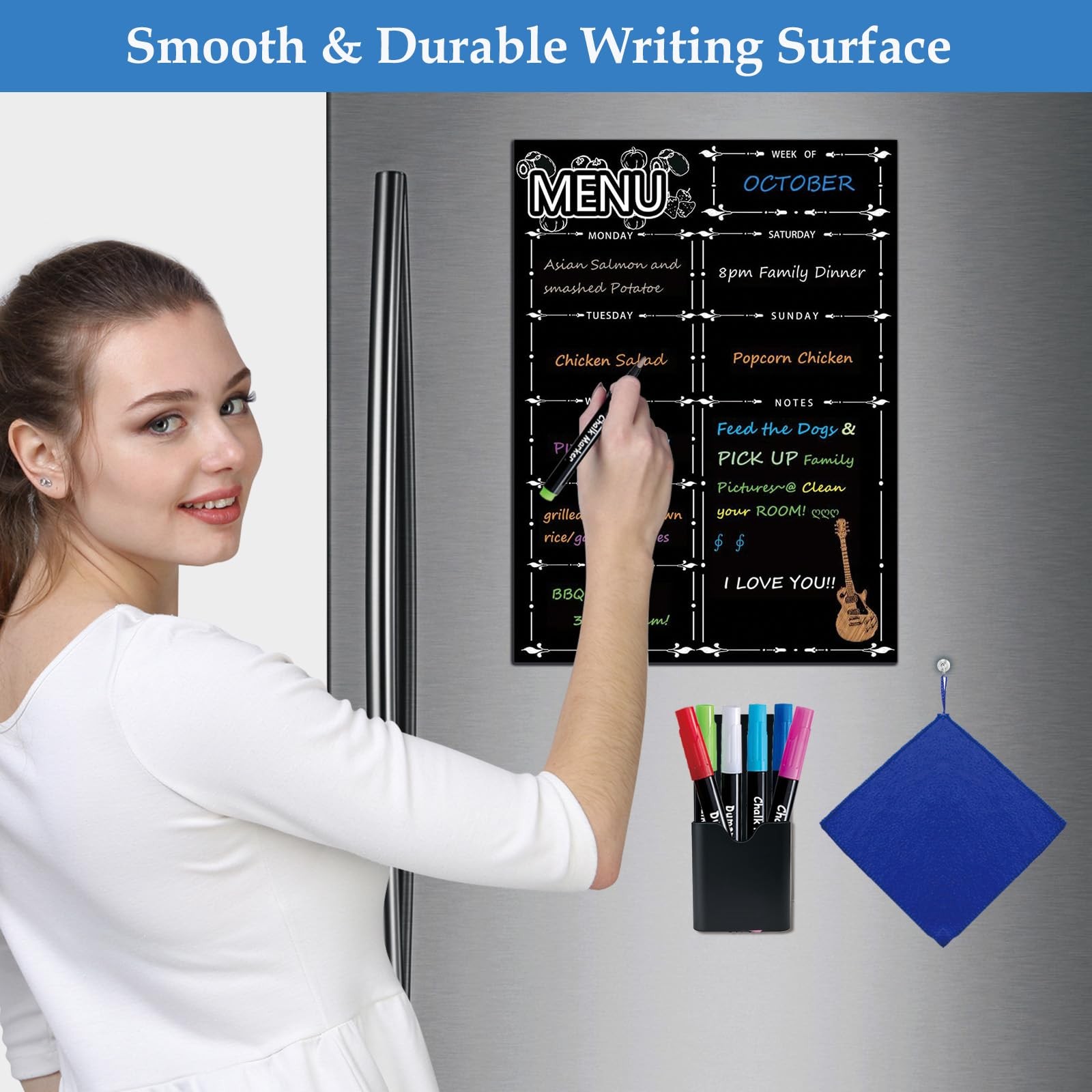Magnetic Menu Board for Fridge, LiebHome Dry 42cm *30cm, Black – 8 Markers
