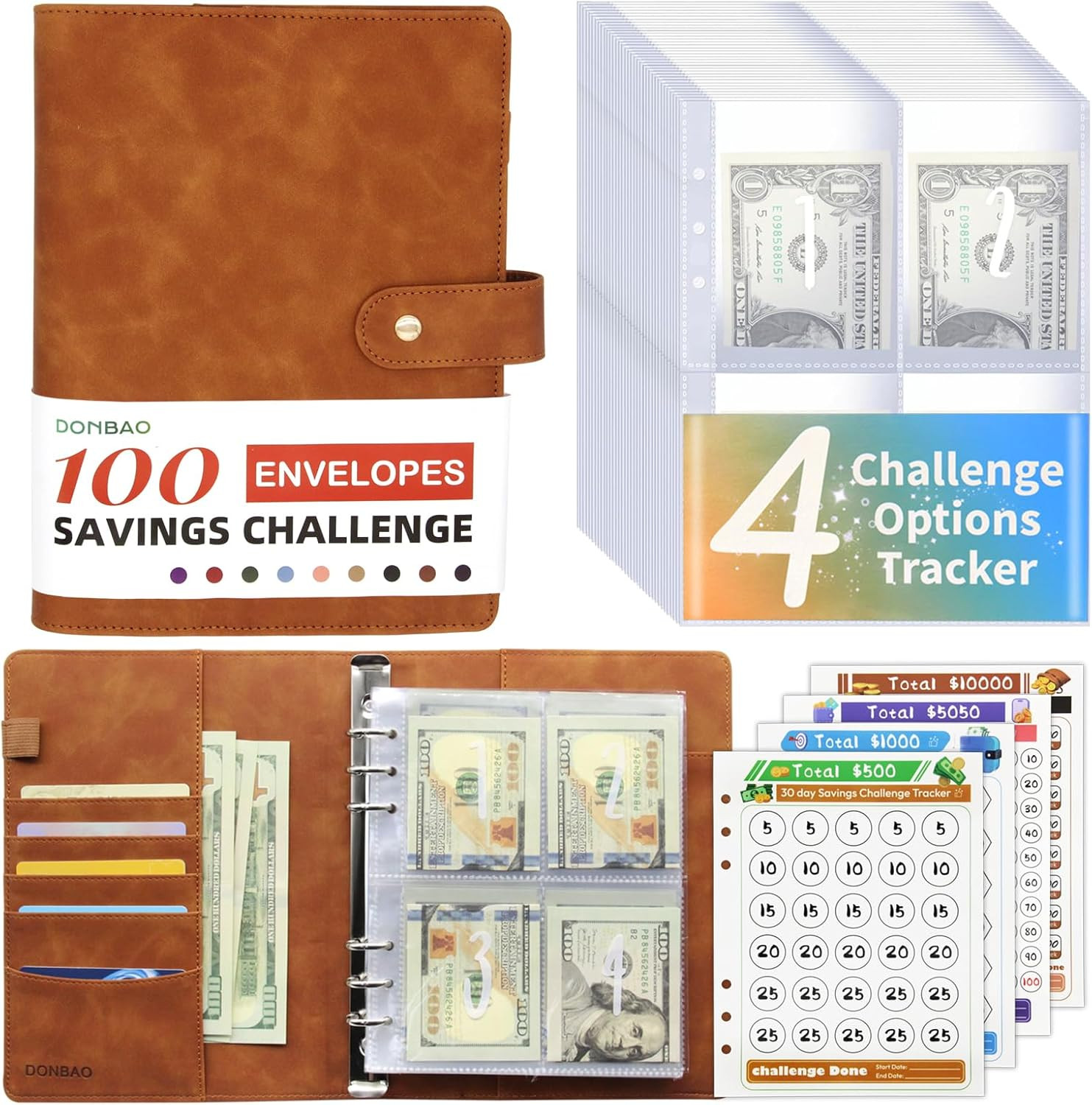 A5 Budget Binder with 100 Envelopes & Savings Challenge Tracker (Brown)