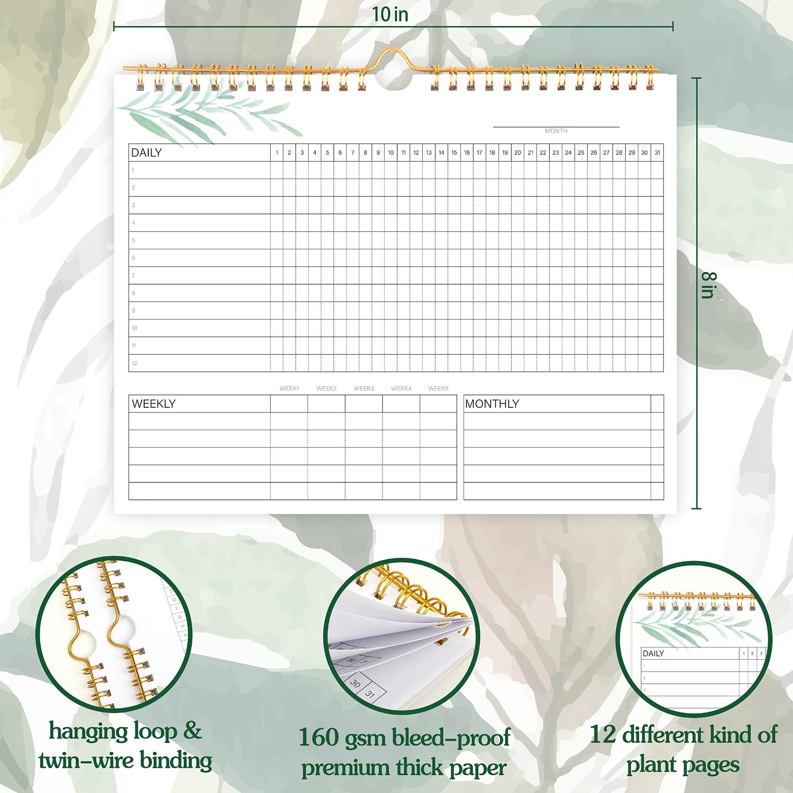 Spiral Habit Tracker, 8×10 Undated Calendar, Goal Setting Planner, Green
