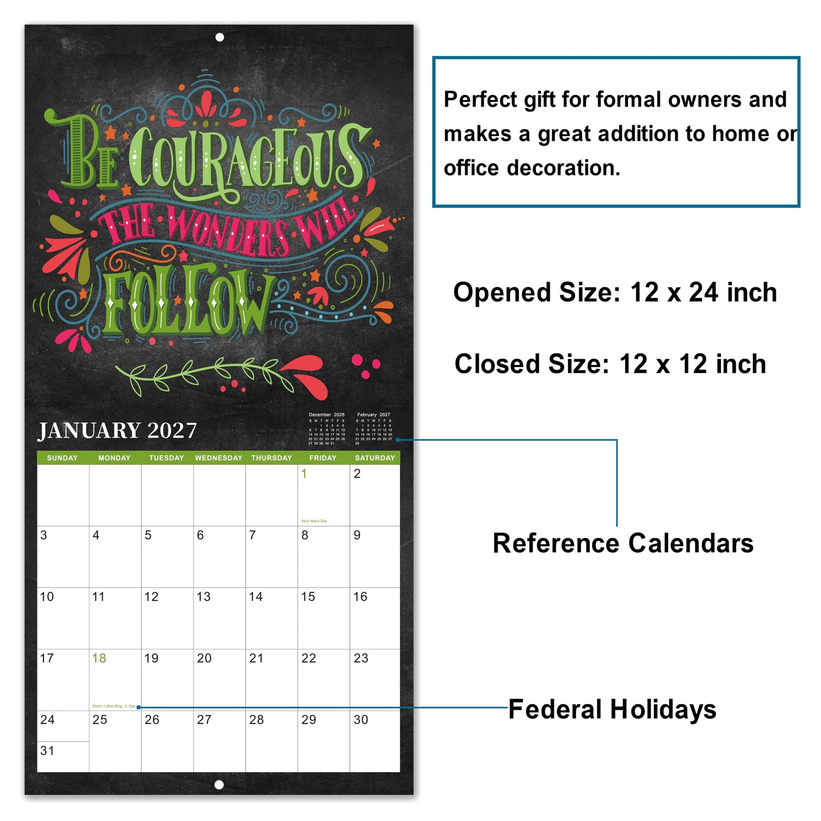 2027 Calendar – Wall 2027, Jan. 2027 – Dec. 12″ x 24″, Black