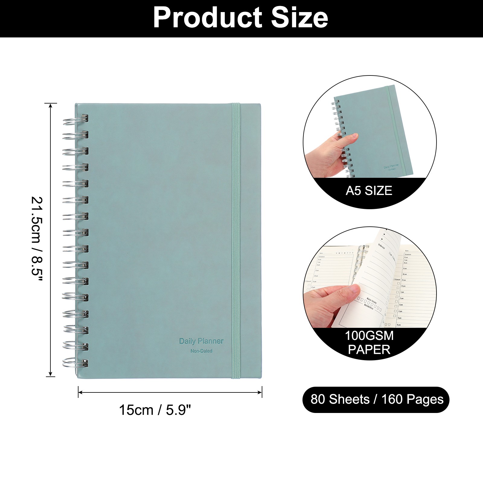 A5 5.5″x 8.5″ Undated Daily Planner with Hourly Schedule Inner Pocket, Haze Blue