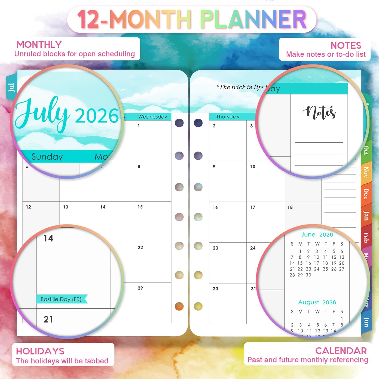 2026-2027 Planner Refills – 7-Hole Punched 5.5 x 8.5 inches, Multicolor