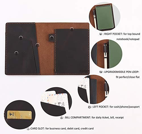 Leather Notebook Cover for 4” x 6” Notepad, Spiral Top Bound, Pen Holder – Cof