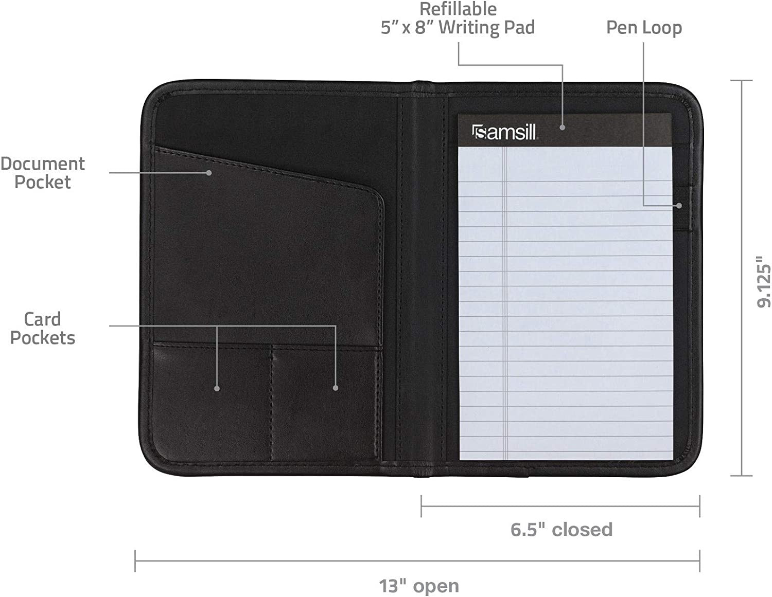Faux-Leather Mini Padfolio 5″x8″ Writing Pad Professional Organizer Black