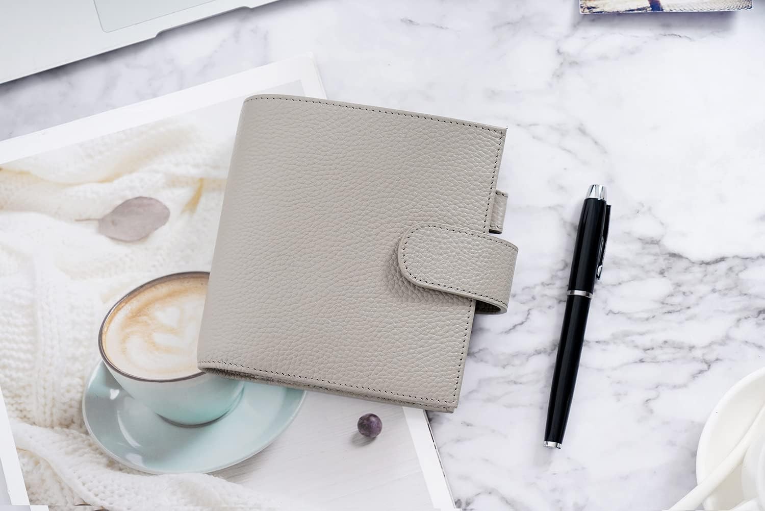Pocket Luxe Planner – Genuine Leather Organizer with 30mm Rings in Pebble-Gray