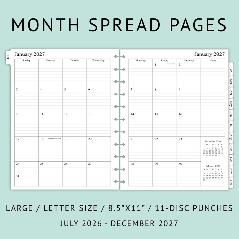 2026-2027 Monthly Planner Refill for 11-Disc Notebooks, Letter Size, 2 Pages/Mon