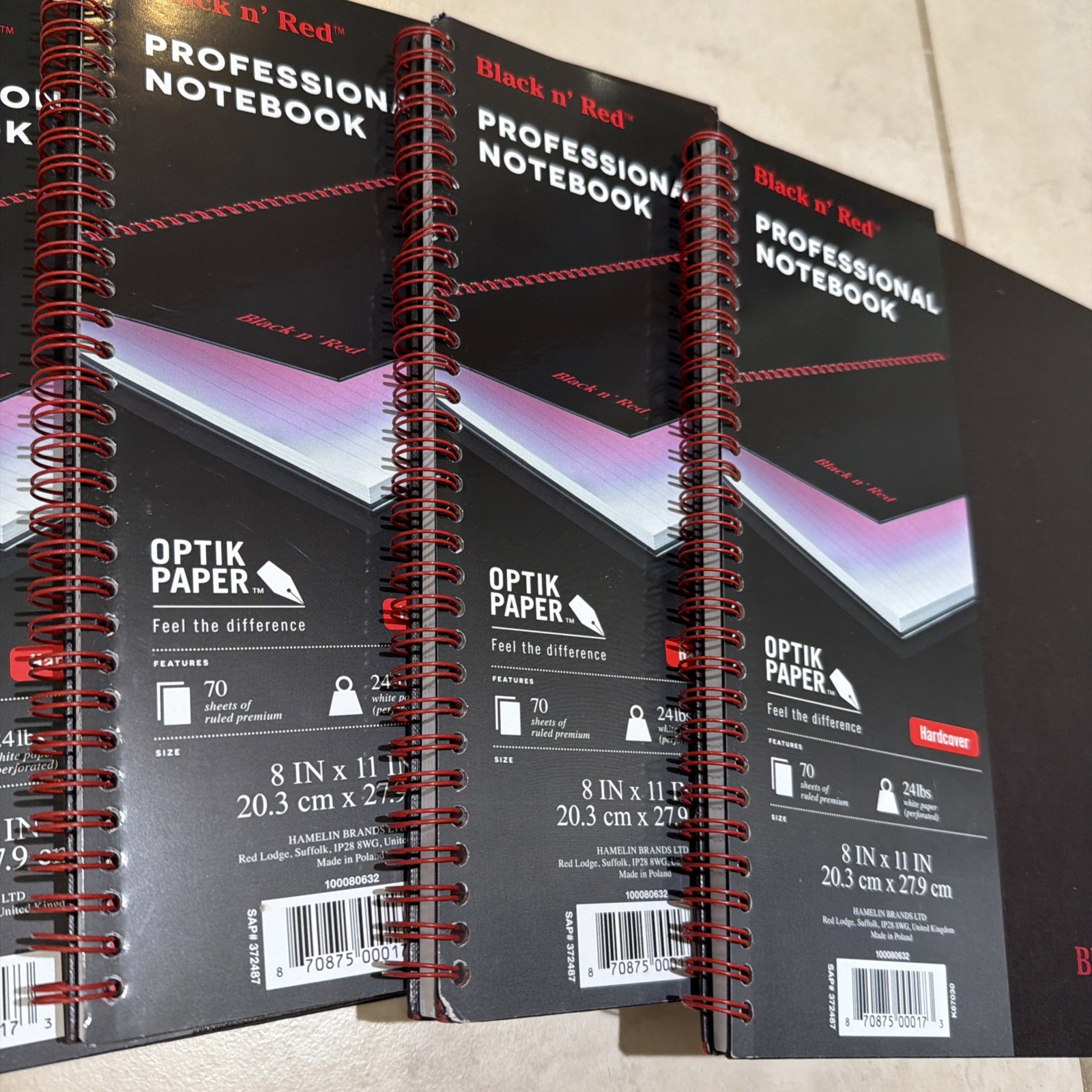 Qty 4 Black n’ Red Hardcover Spiral Notebook 11″ x 8-1/2″, 70 Sheets Ruled New