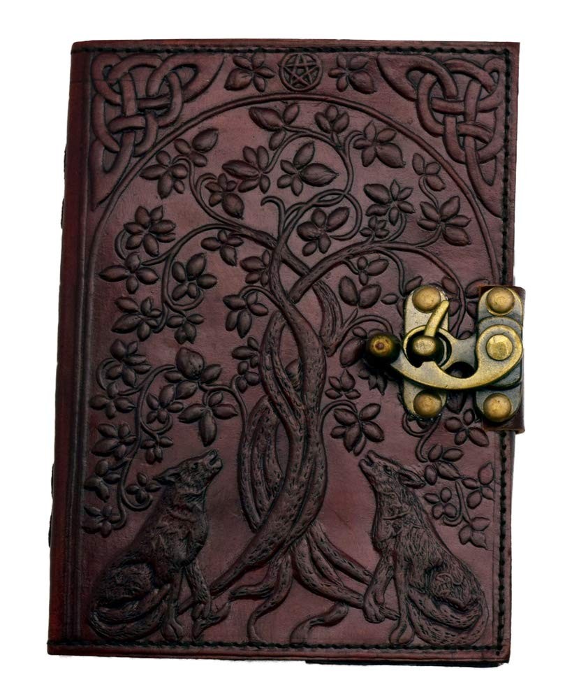 Fantasy Gifts Wolves with Tree of Life Embossed Leather Journal, 5 x 7 inches, M