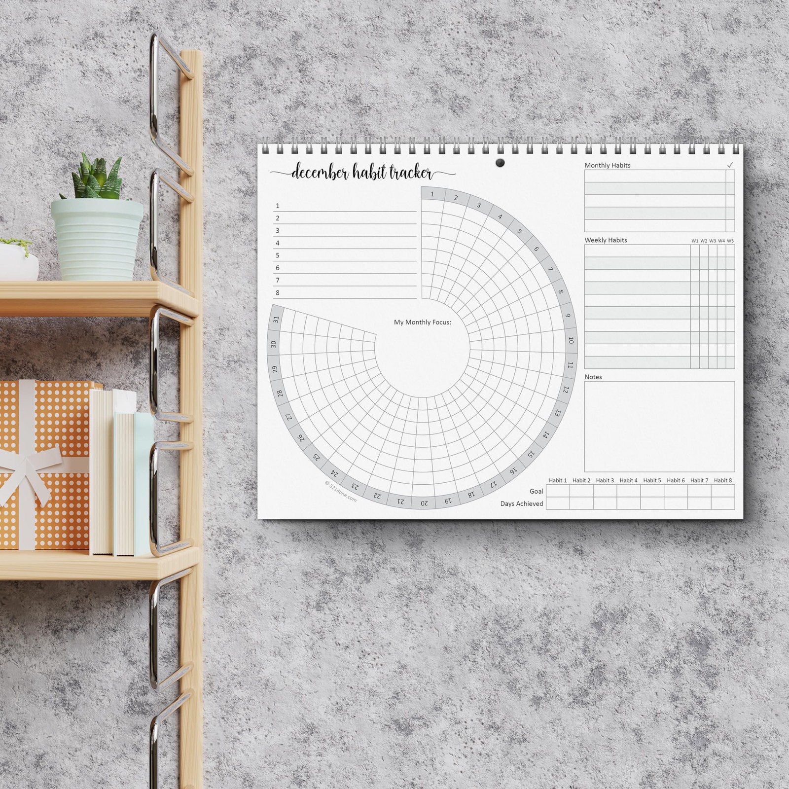 321Done Habit Tracker Calendar Pad, 8.5×11 Monthly, Made in 8.5″ x 11″, Wheel
