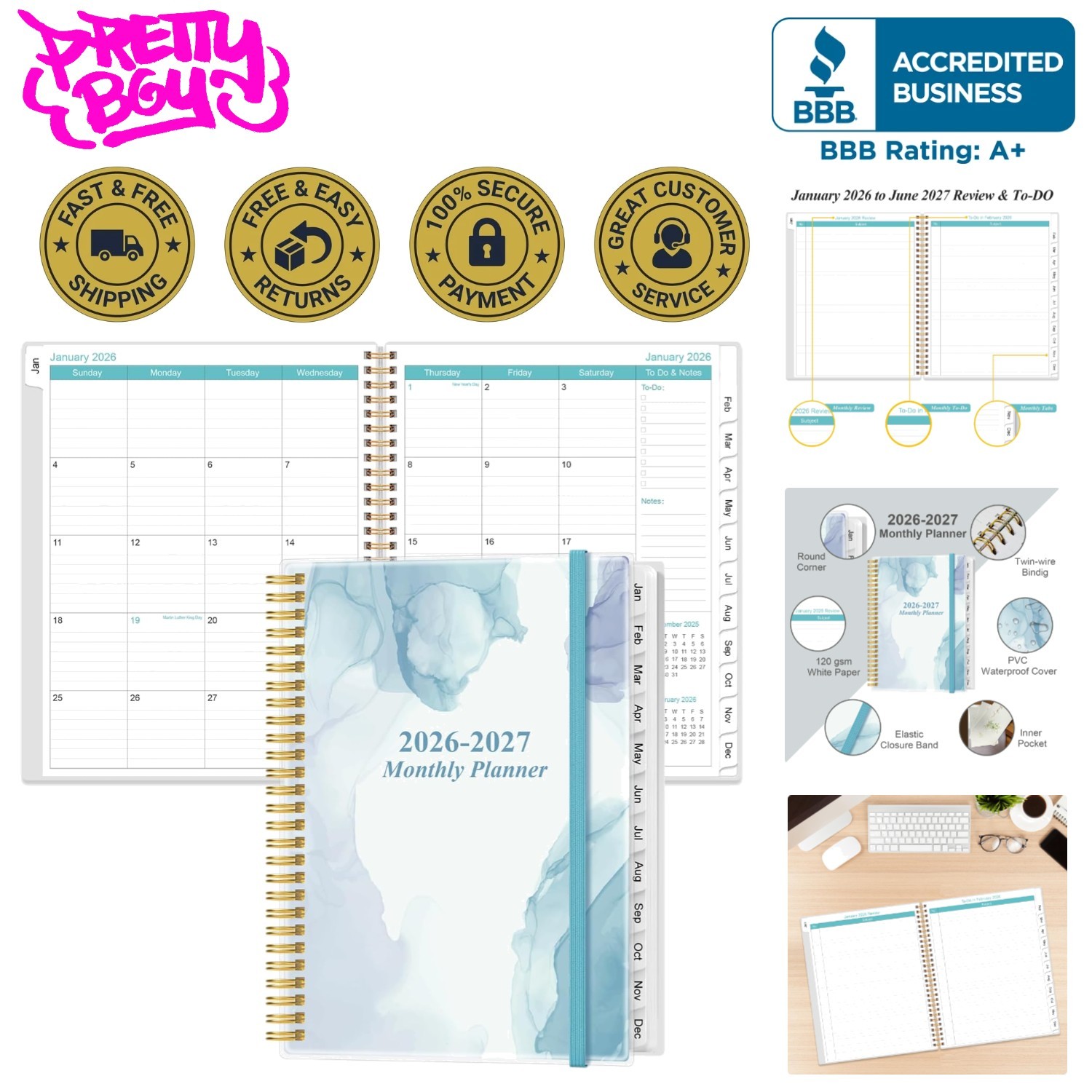 Elegant 2026-2027 Planner: 18- Organizing Tool, 9″ x 11″, Blue Watercolor