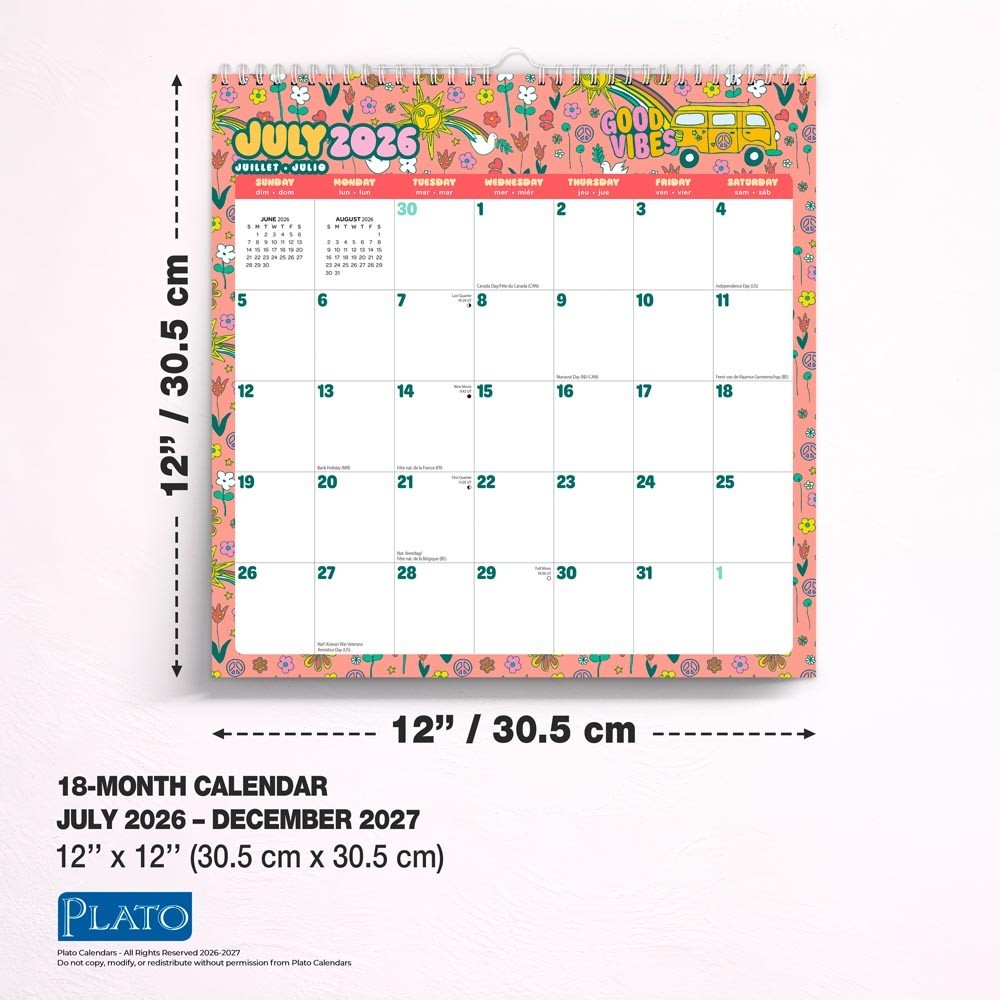 Good Vibes | 2027 12×12″ 18 Months Calendar | Stickers | Jul ’26-Dec ’27