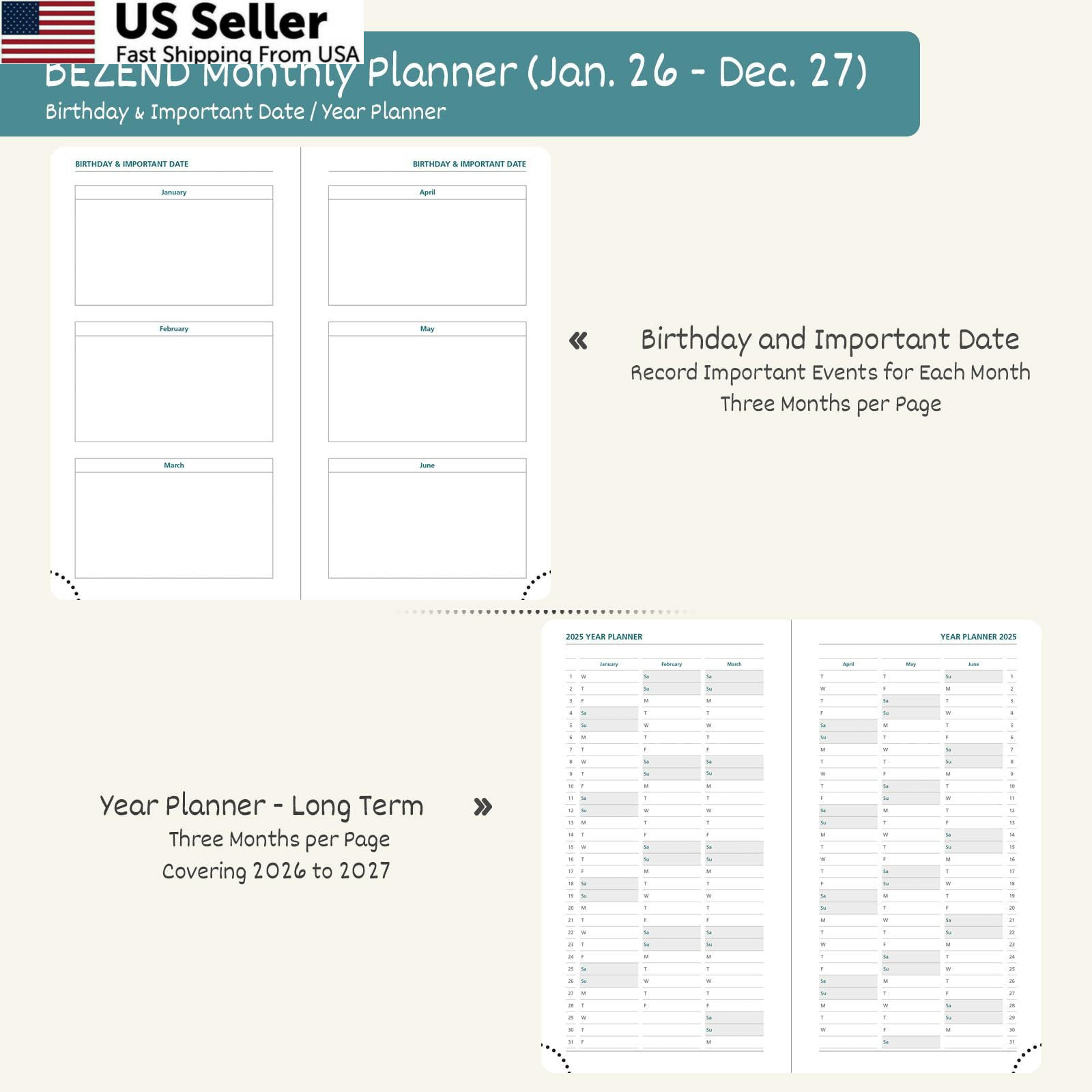 BEZEND Pocket Monthly Planner 2026-2027 (3.5″ x 3.5″ x 6.5″, Blueberry
