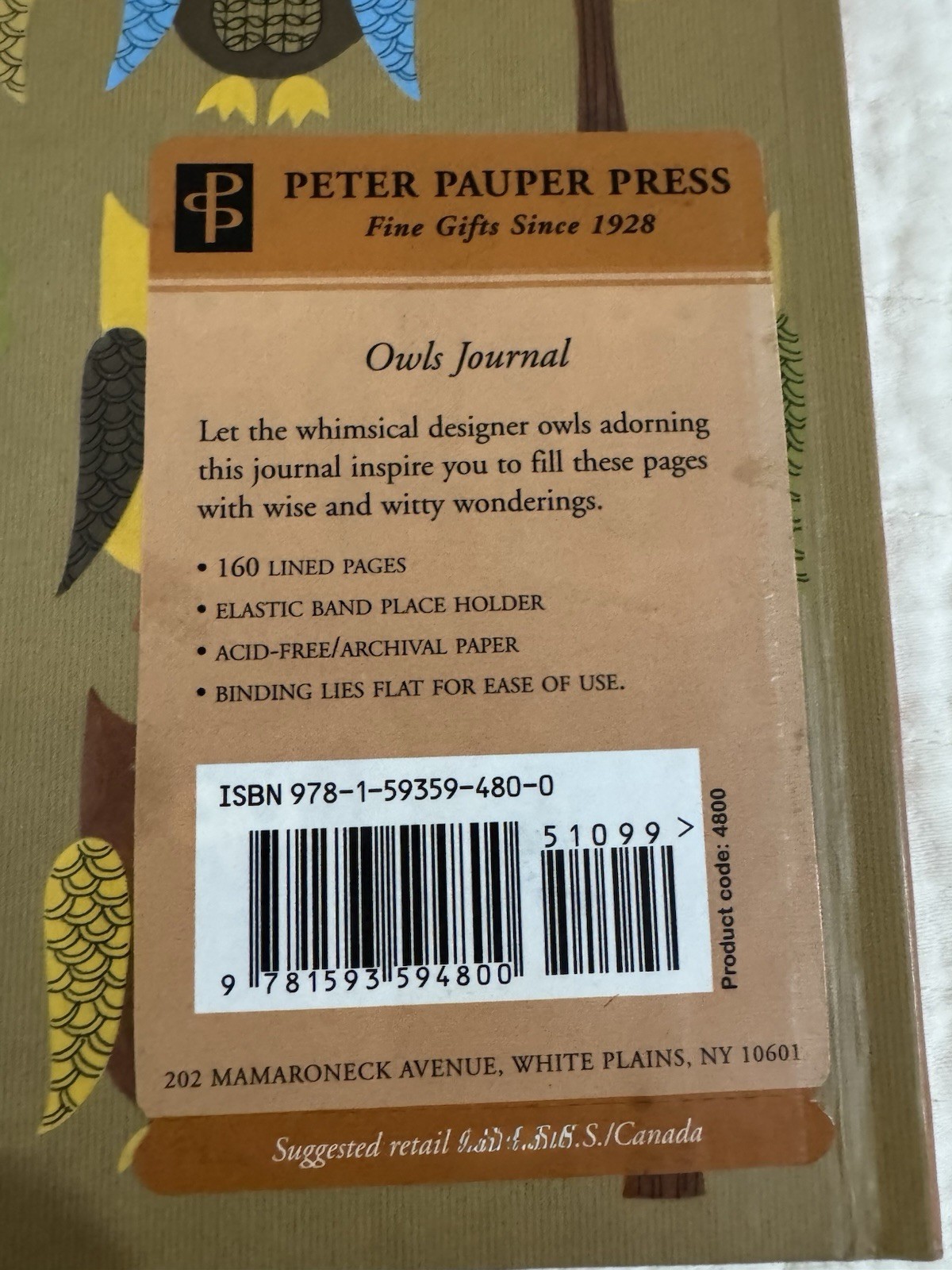 Peter Pauper Press Owls Journal Cardboard Cover Elastic Band Acid-Free Paper New
