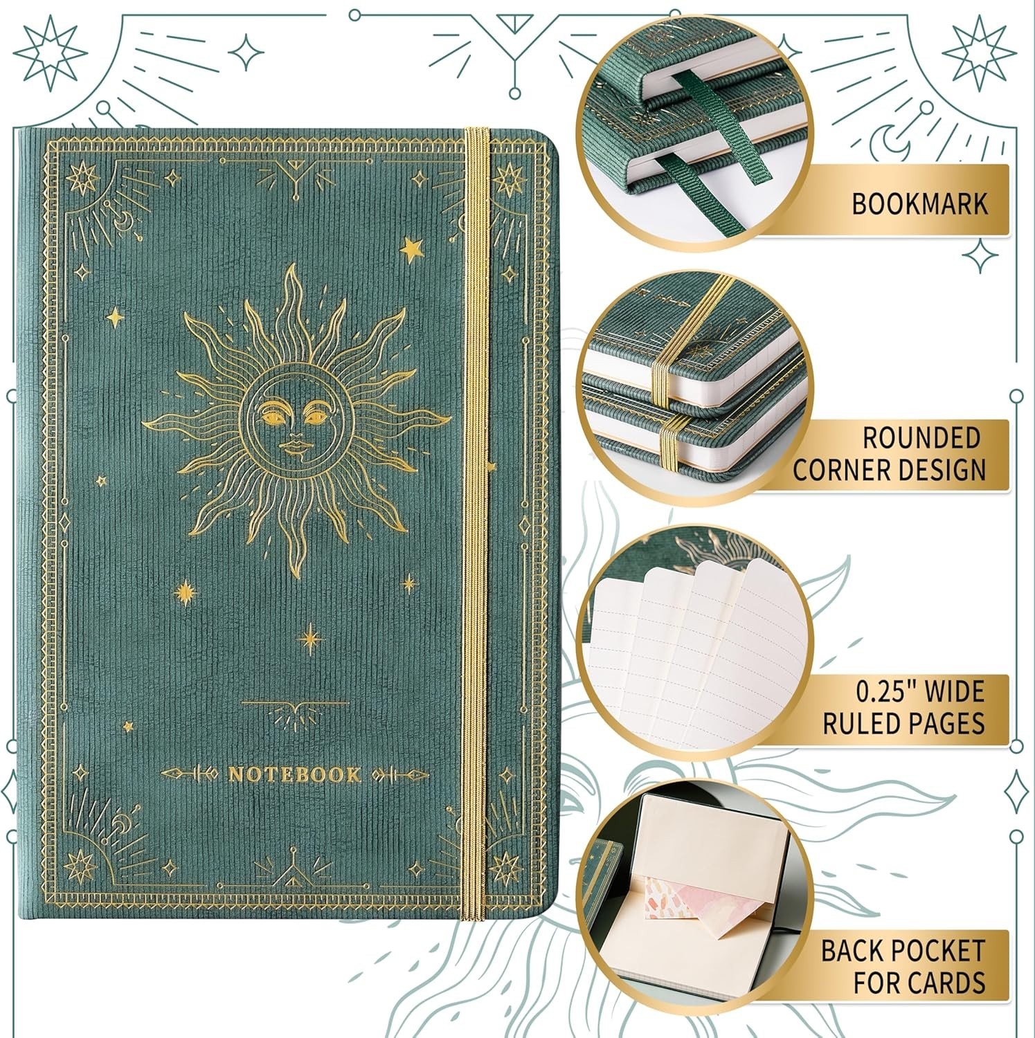 Compact Writing Notebook with 144 Thick Ruled Pages & Expandable Pocket – Cyan