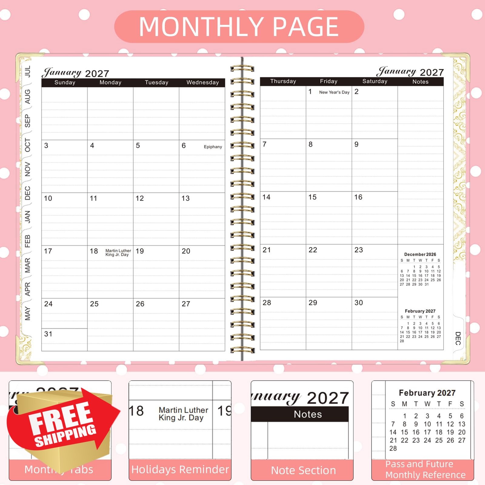 Knagsfa 2026-2027 planner pink white polka dots