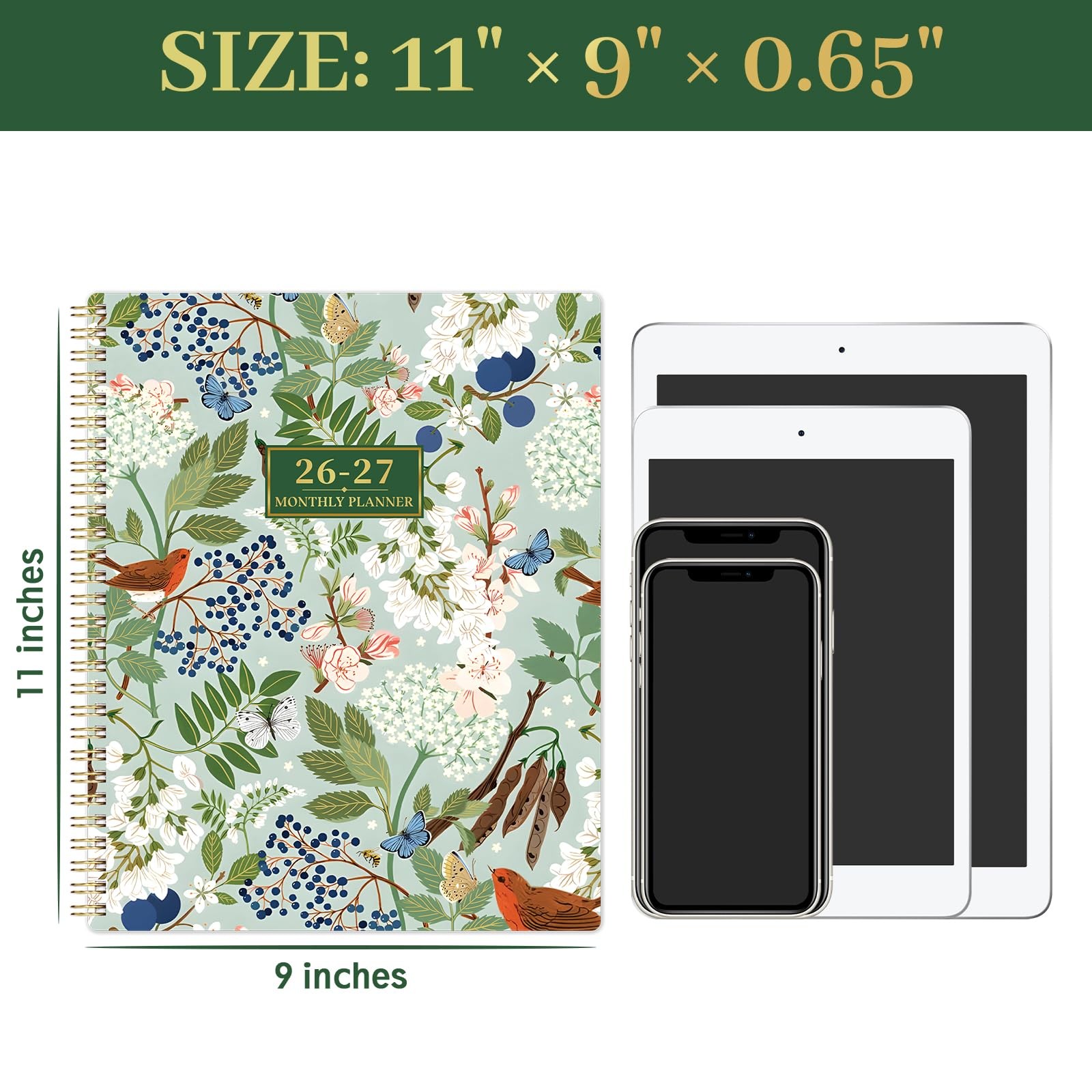 2026-2027 Monthly Planner – Academic 9″x11″, Green & Floral