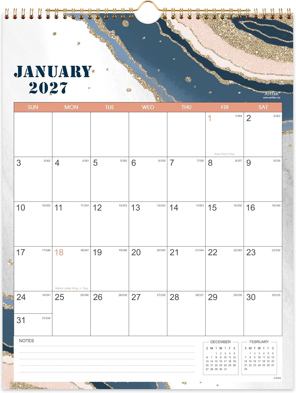 2027 Wall Calendar – JAN 2027 – DEC 2027, 12 Monthly Calendar, 2027 Pink