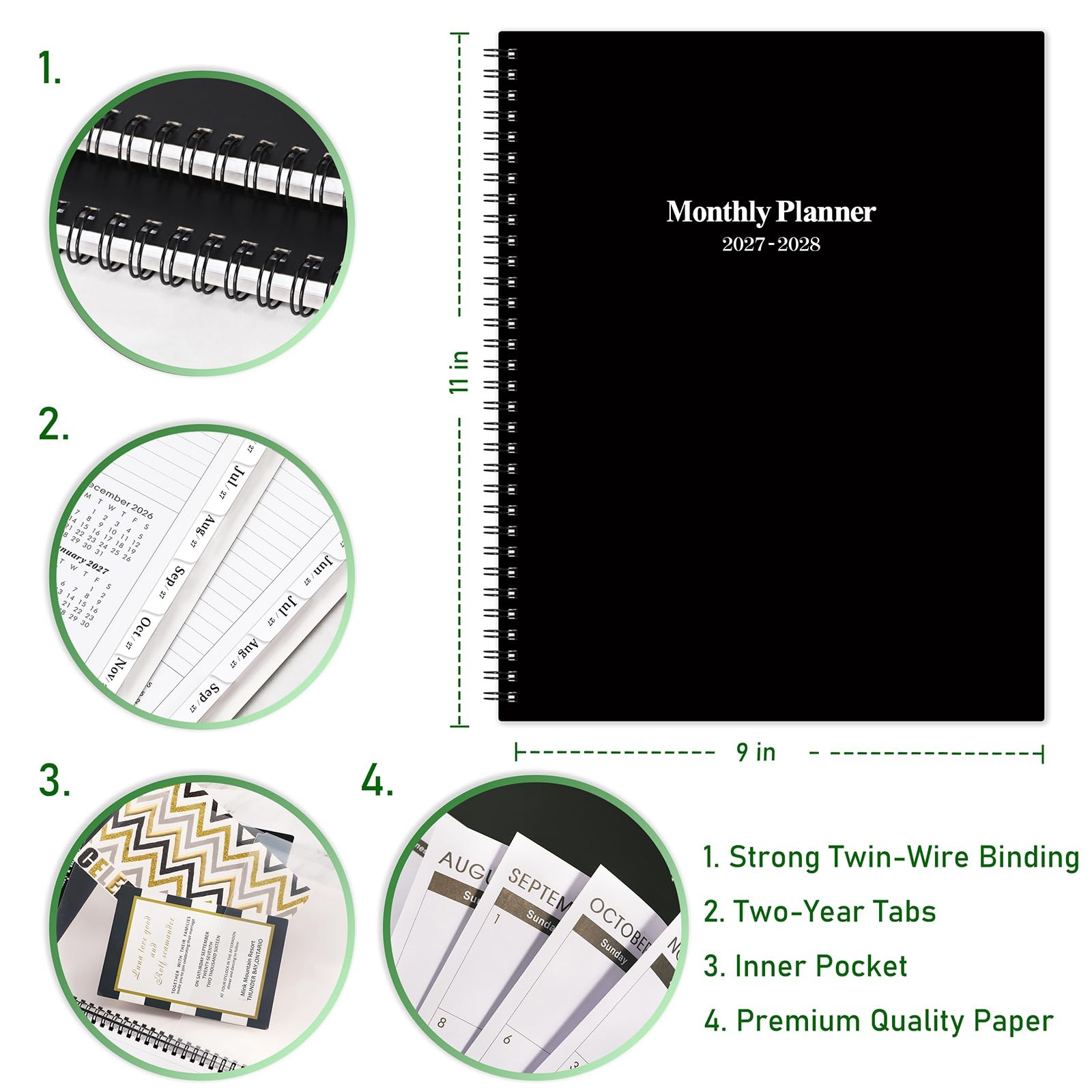 2027-2028 Monthly Planner/Calendar – January 2027 – December 9″ x 11″, Black