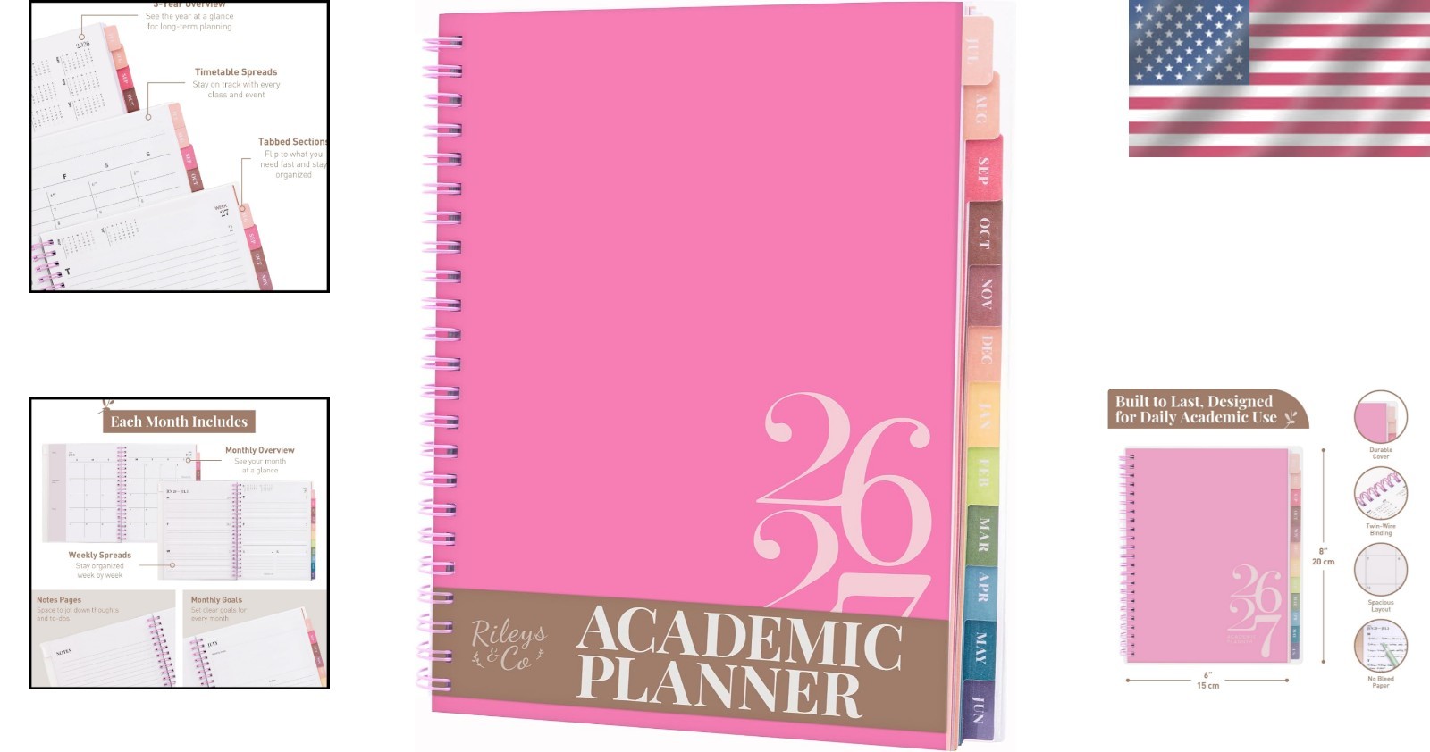 Stylish Pink Academic Planner 2026-2027 with Twin-Wire Binding – 8 x 6 Inches