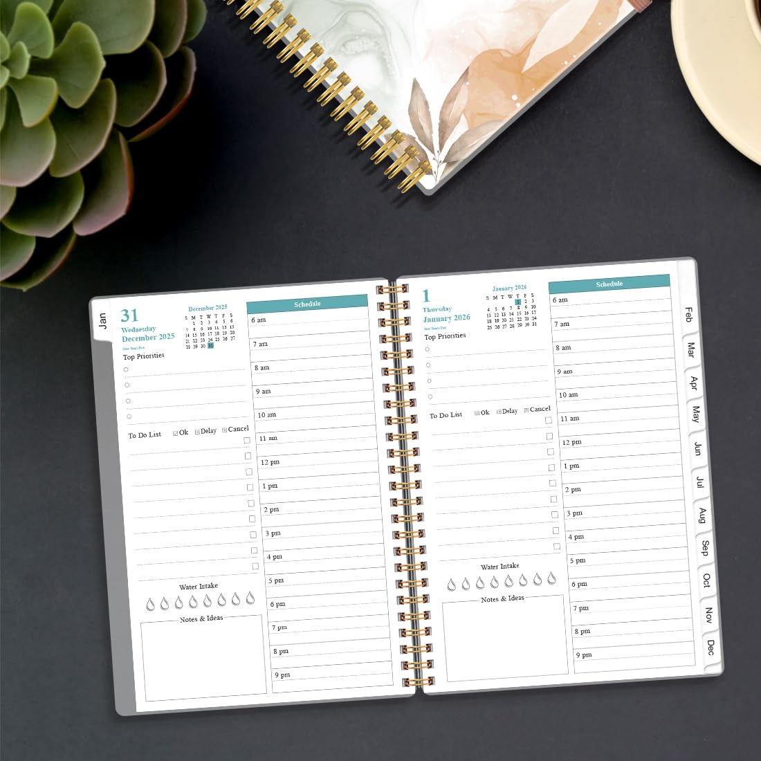 Planner 2026 One Page Per Day 12 Monthly Tabs 6.4″ x 8.5″ Rose Leaf