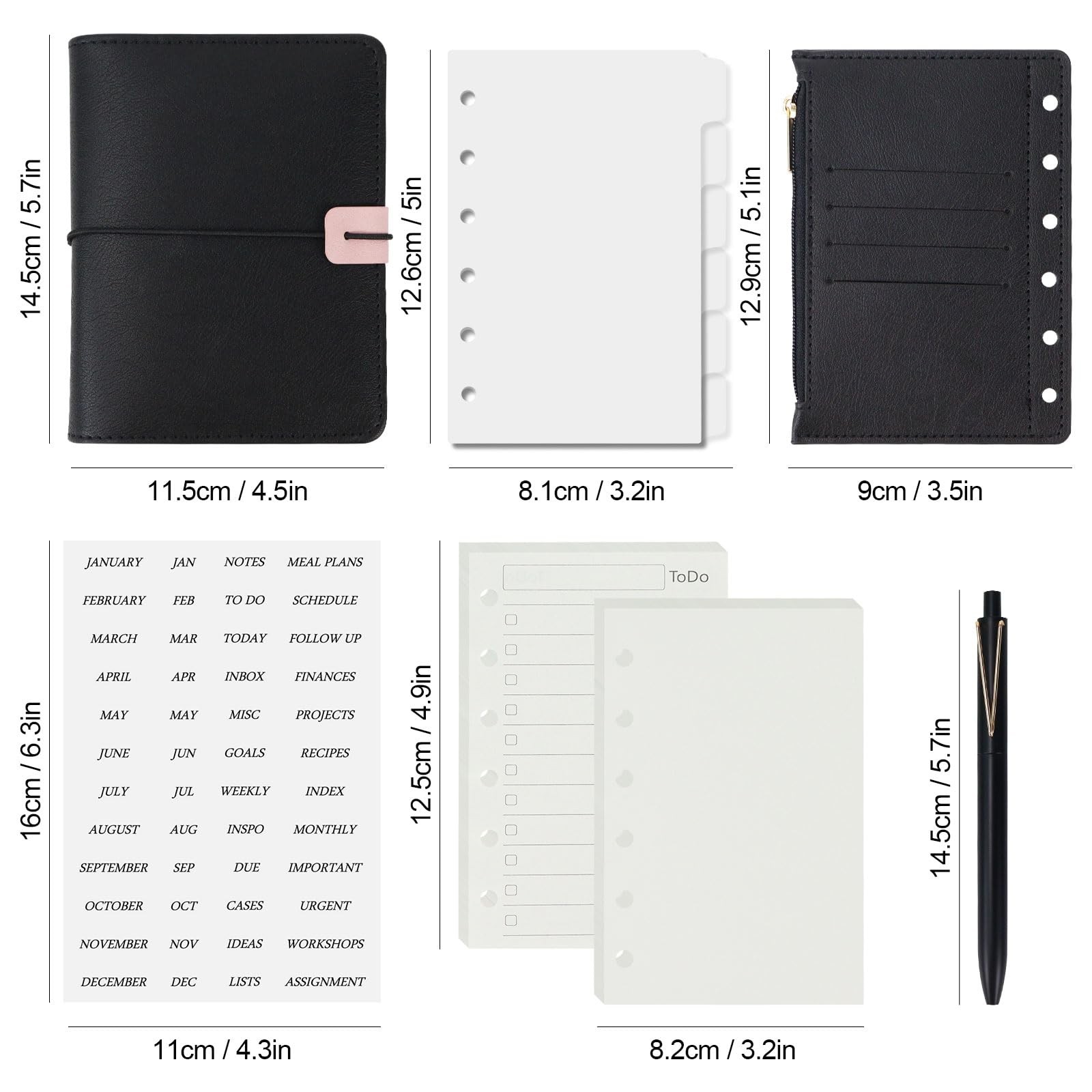 Koqye A7 Refillable Planner Small Binder Notebook 6 Ring, A7, Black & Pink