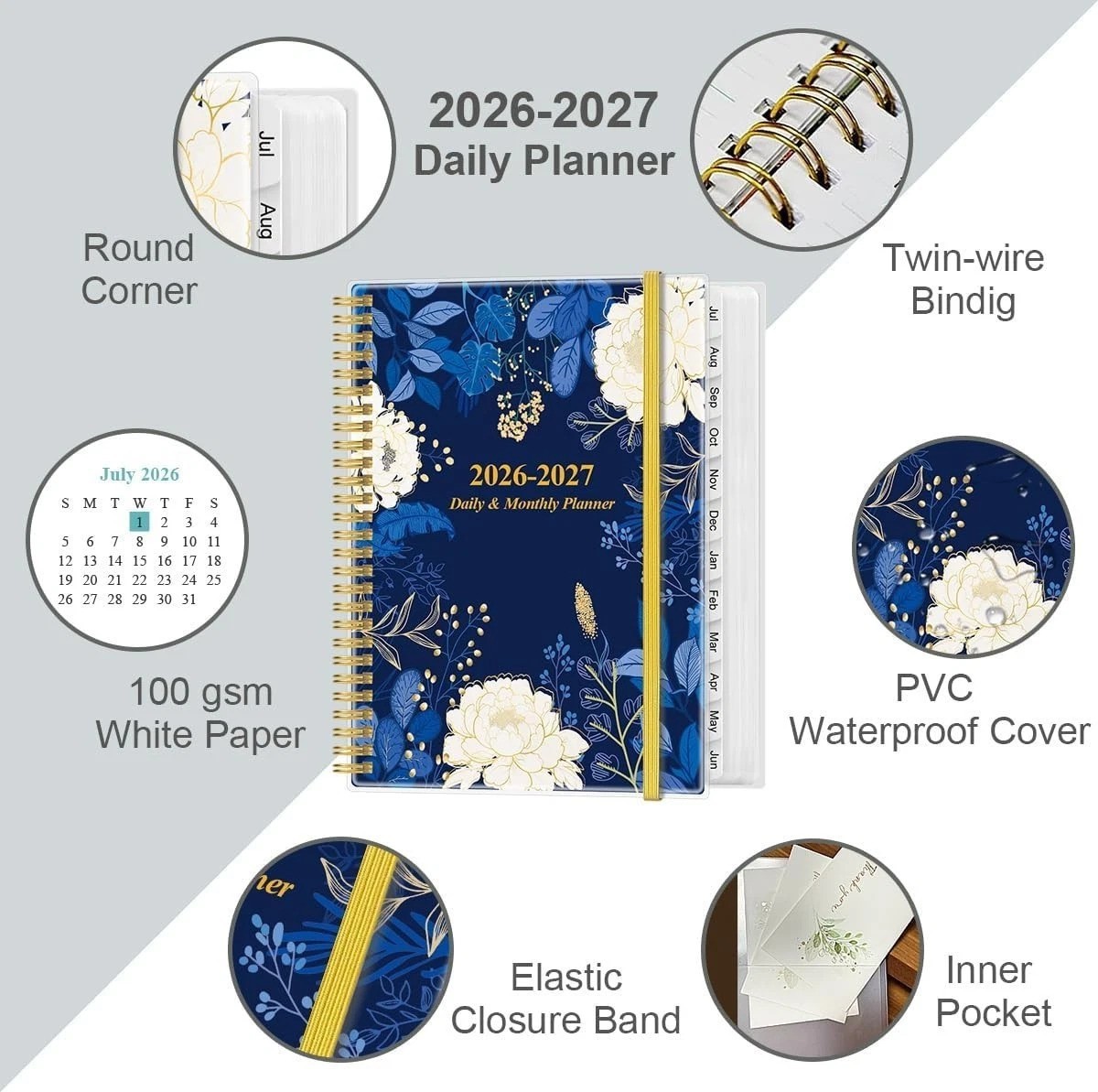 2026-2027 Daily Monthly Planner – Blue Leaf Design